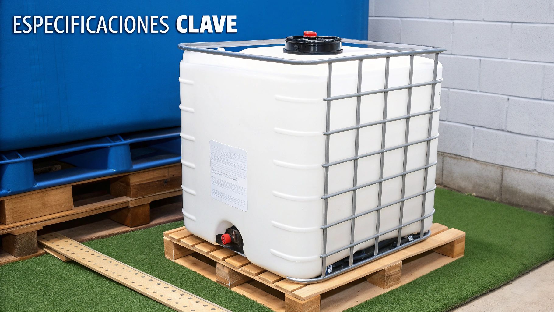 Contenedor IBC blanco de 1000 litros con jaula metálica sobre palet de madera en un almacén.