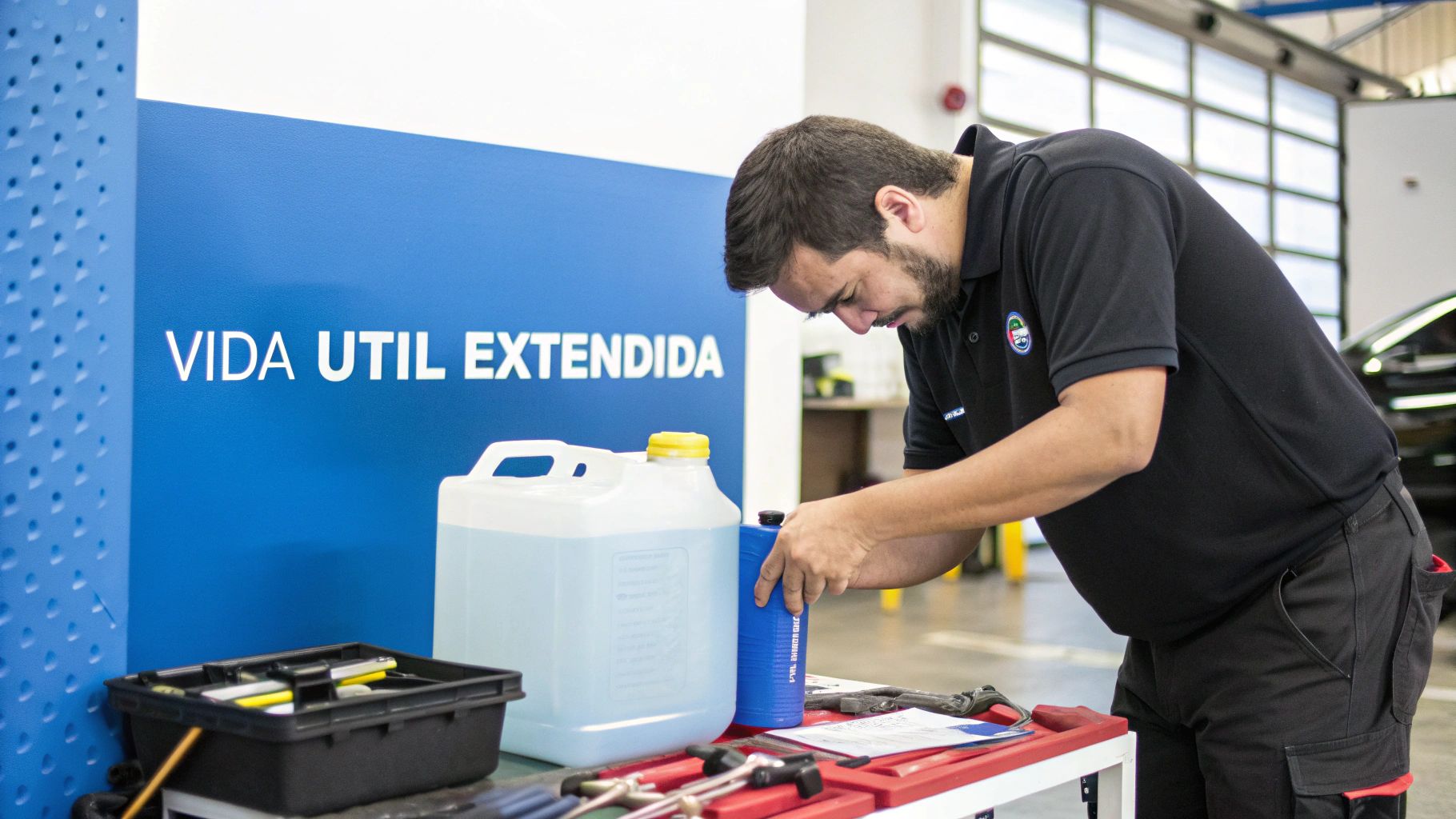 Mecánico inspecciona líquidos en contenedores plásticos sobre una mesa, con un cartel de "Vida Útil Extendida".