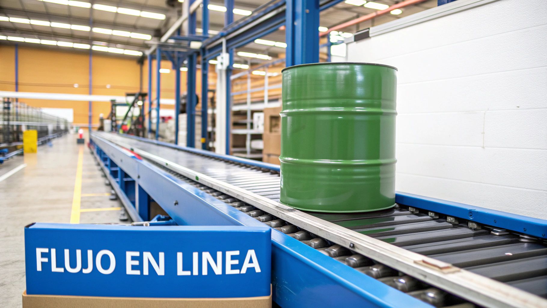 Barril verde industrial en una cinta transportadora automatizada con texto "FLUJO EN LINEA" en un almacén.