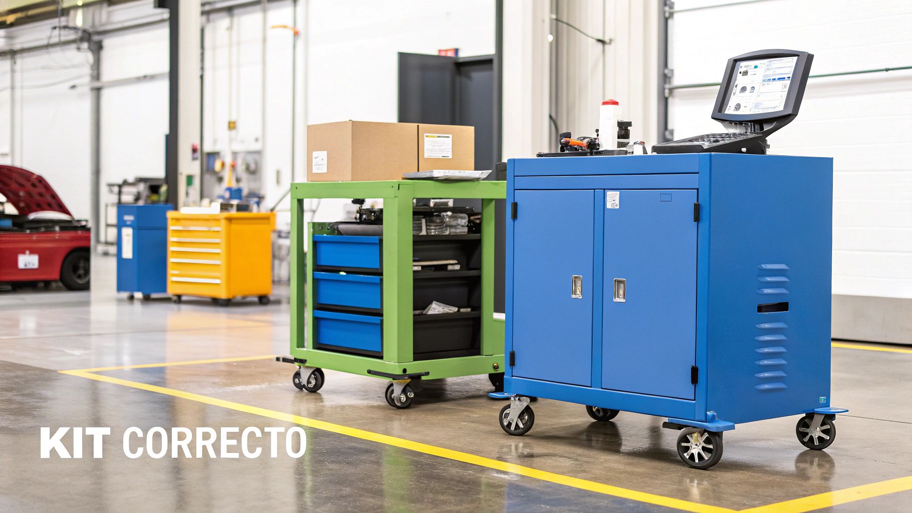 Un taller mecánico con carritos de herramientas móviles: uno azul con monitor, uno verde con cajas y un arcón amarillo.