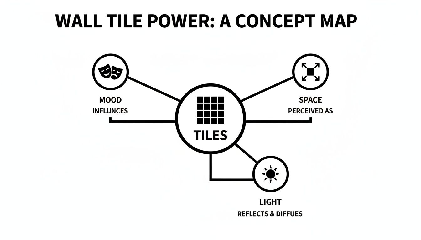 A concept map showing how wall tiles influence mood, perceived space, and light.