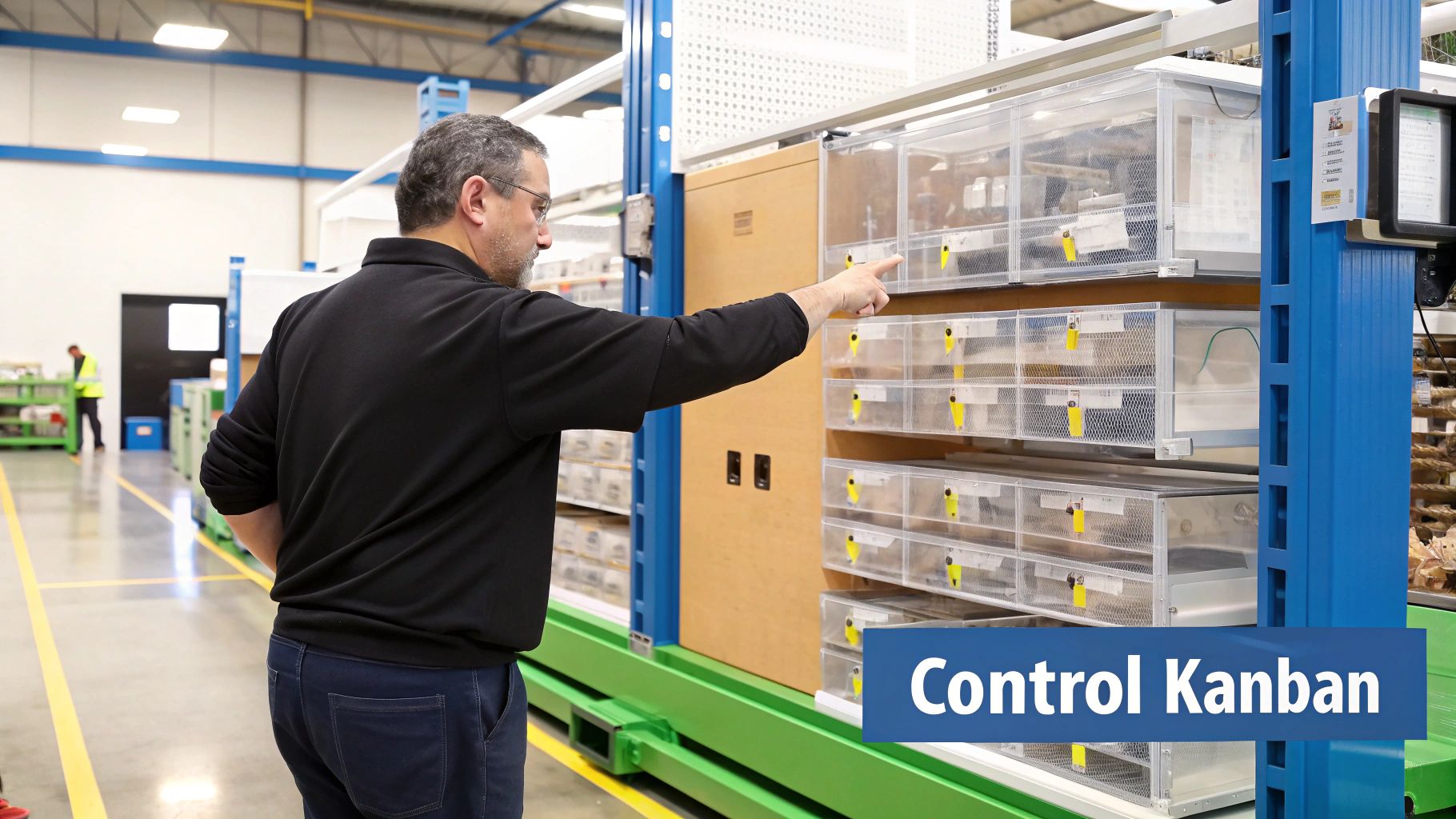 Un hombre señala cajas de almacenamiento transparentes con etiquetas amarillas en un sistema de estanterías industriales.