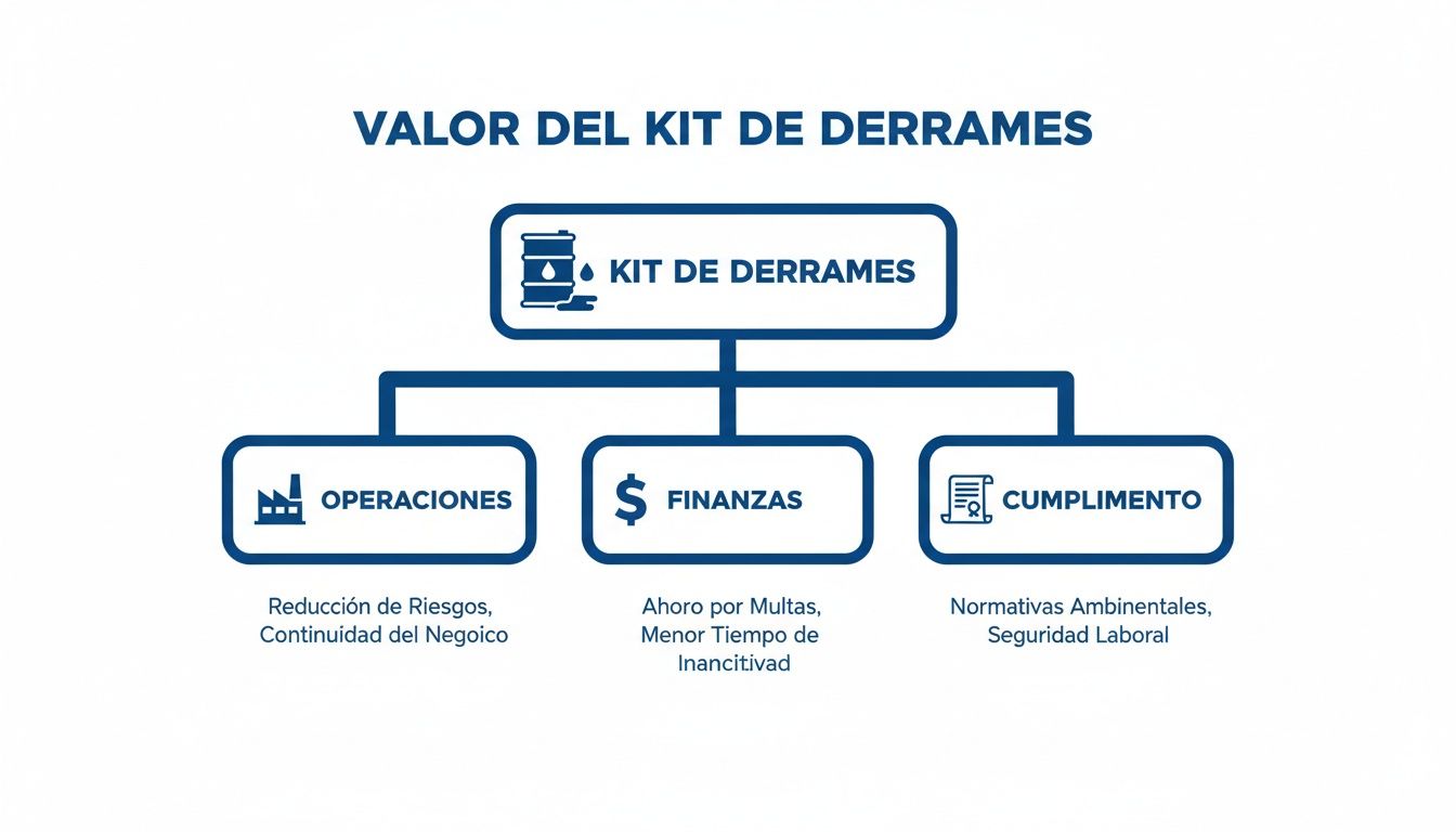 Diagrama que ilustra el valor del kit de derrames, destacando beneficios en operaciones, finanzas y cumplimiento.
