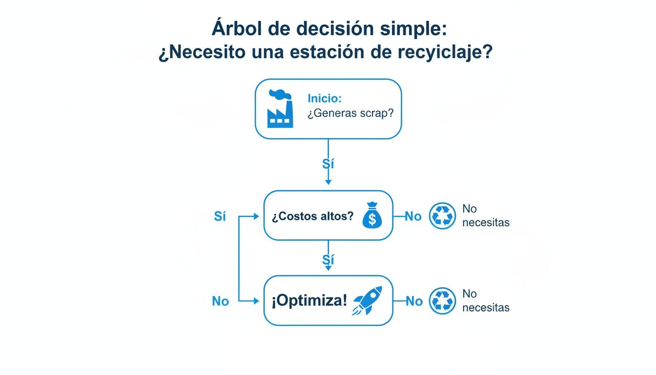 Diagrama de flujo simple para decidir si se necesita una estación de reciclaje, considerando la generación de desechos y costos.