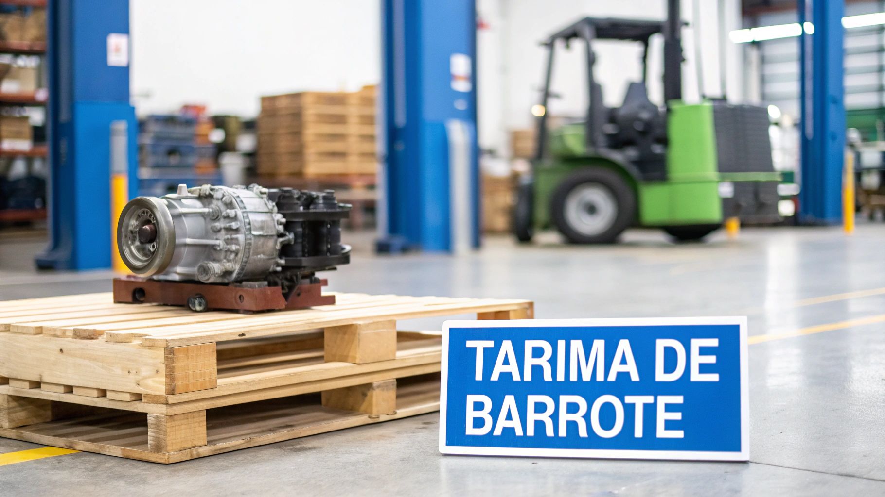 Una pieza mecánica sobre una tarima de madera en un almacén con un cartel azul que dice 'TARIMA DE BARROTE'.