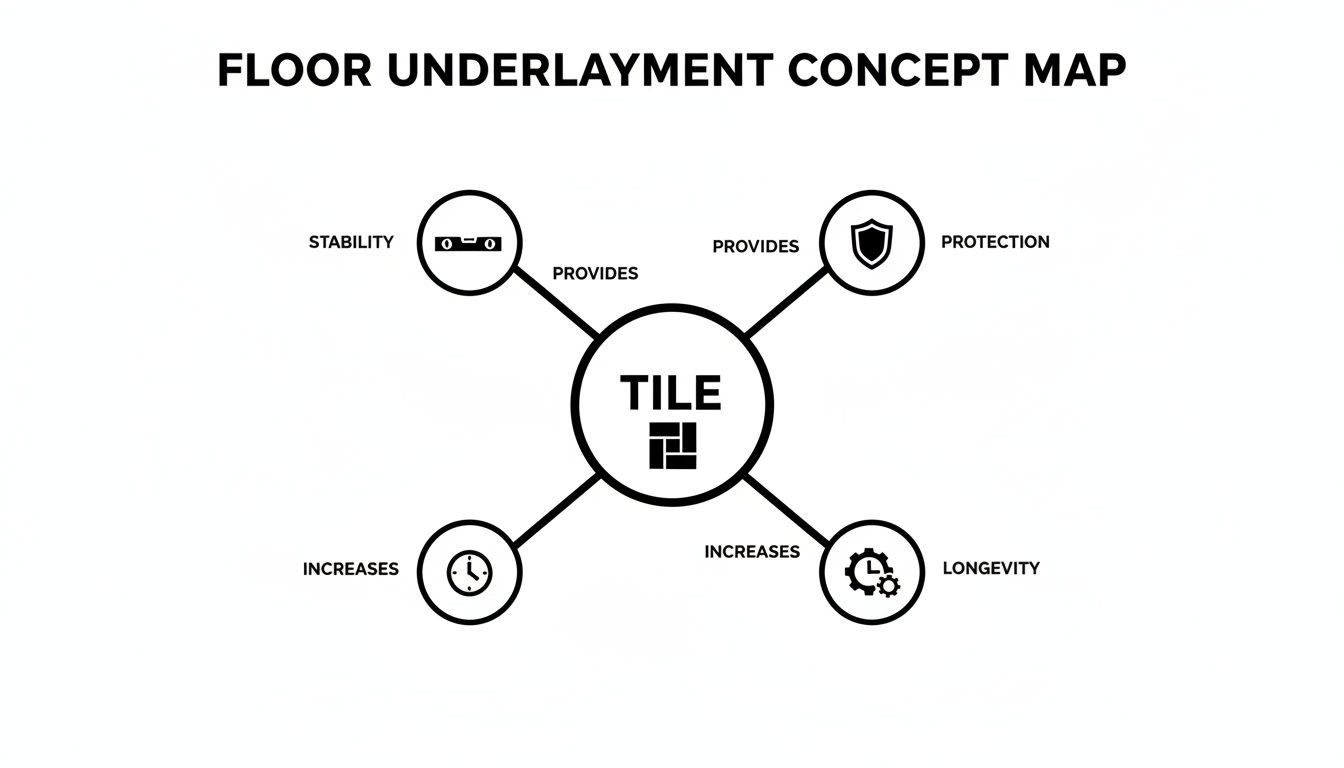 A concept map showing floor underlayment benefits: stability, protection, and increased longevity.
