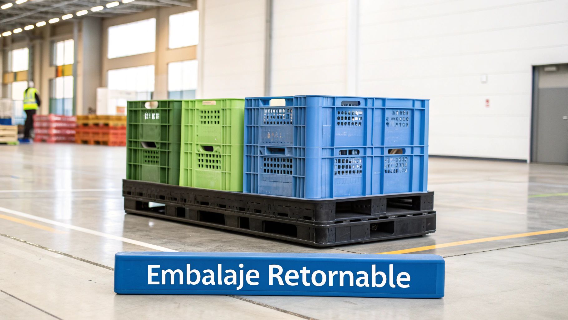 Cajas de plástico verdes y azules apiladas en un almacén, con texto 'Embalaje Retornable' en primer plano. Un trabajador al fondo.