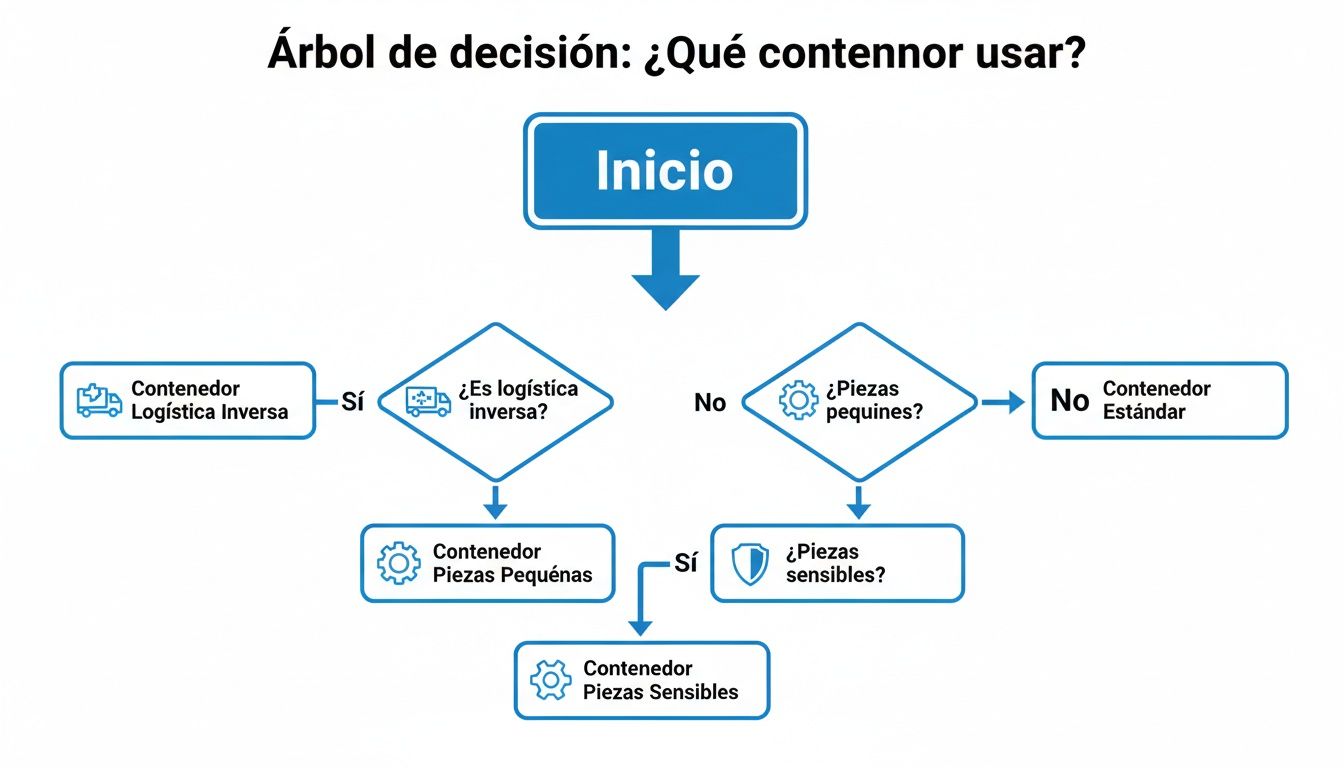 Diagrama de árbol de decisión para elegir el contenedor adecuado según la logística inversa, piezas pequeñas o sensibles.