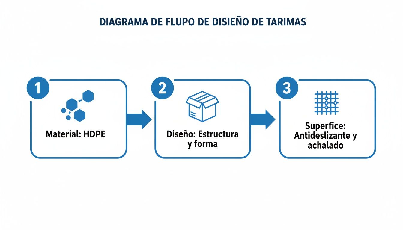 Diagrama de flujo del proceso de diseño de tarimas, cubriendo material HDPE, estructura, forma, y superficie antideslizante y achalada.