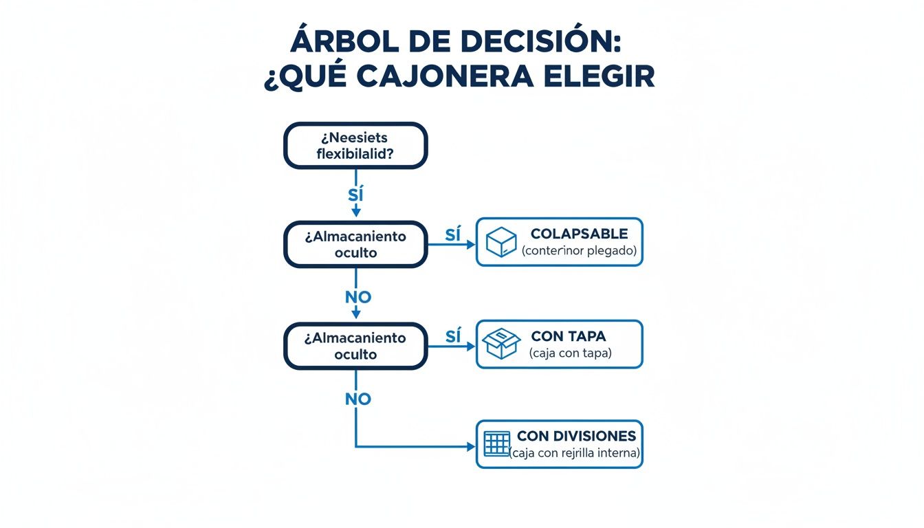 Árbol de decisión visual sobre cómo elegir la cajonera adecuada, considerando flexibilidad, almacenamiento y divisiones internas.