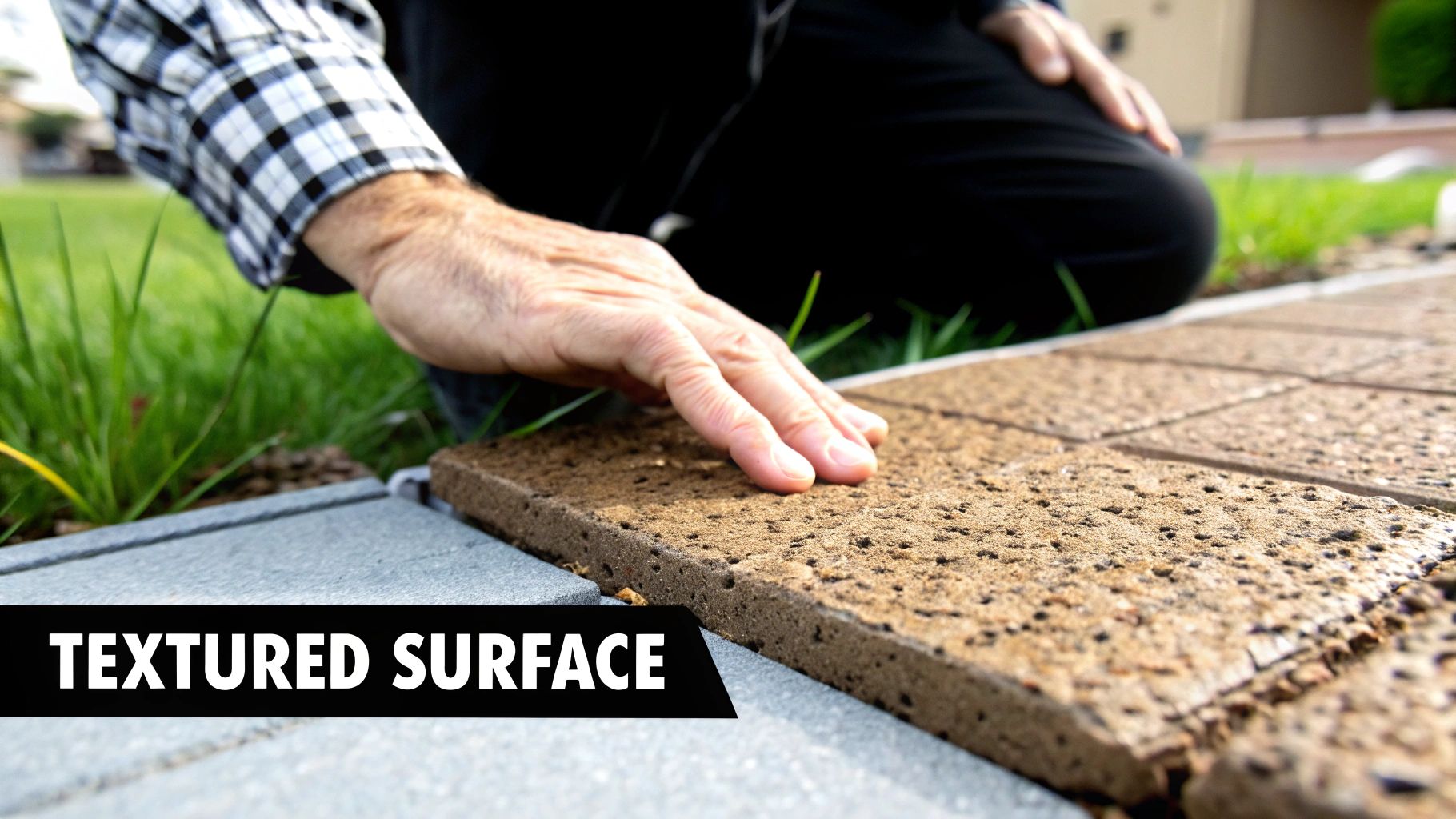 A person's hand presses a brown, textured paver tile into place next to a gray tile on grass.