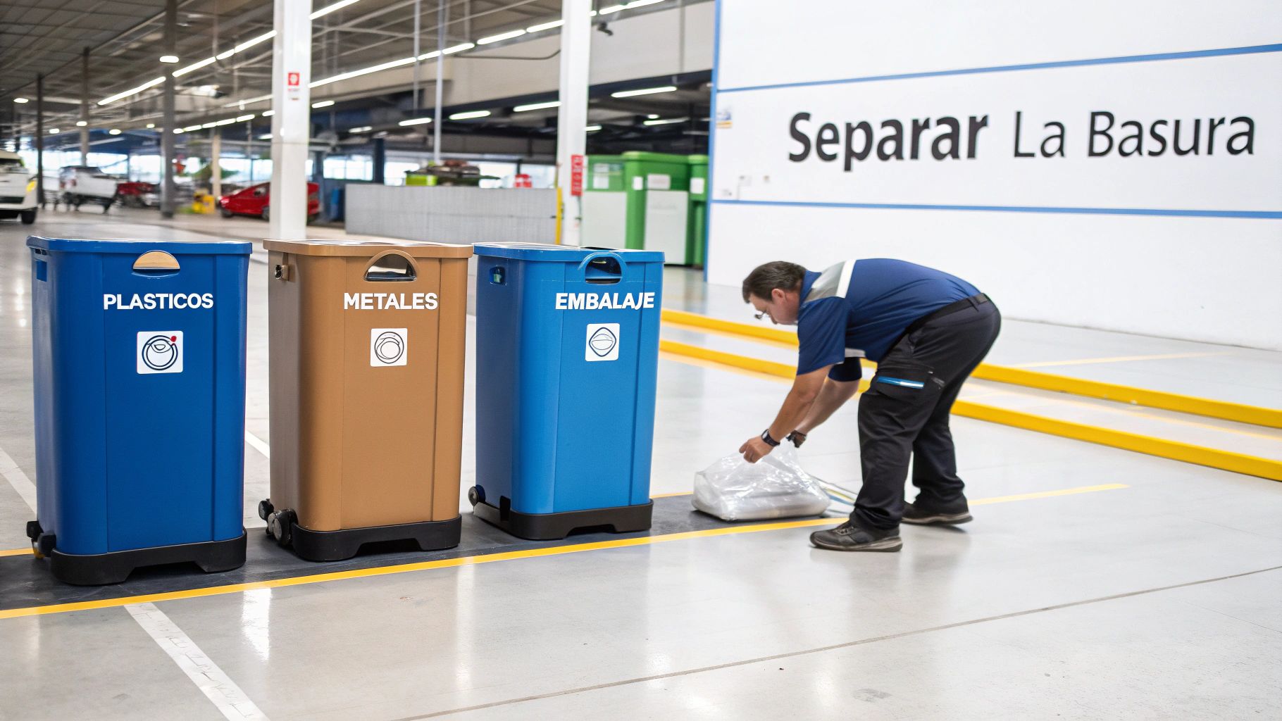 Hombre separando residuos en contenedores de reciclaje para plásticos, metales y embalaje, con el texto 'Separar La Basura' en la pared.