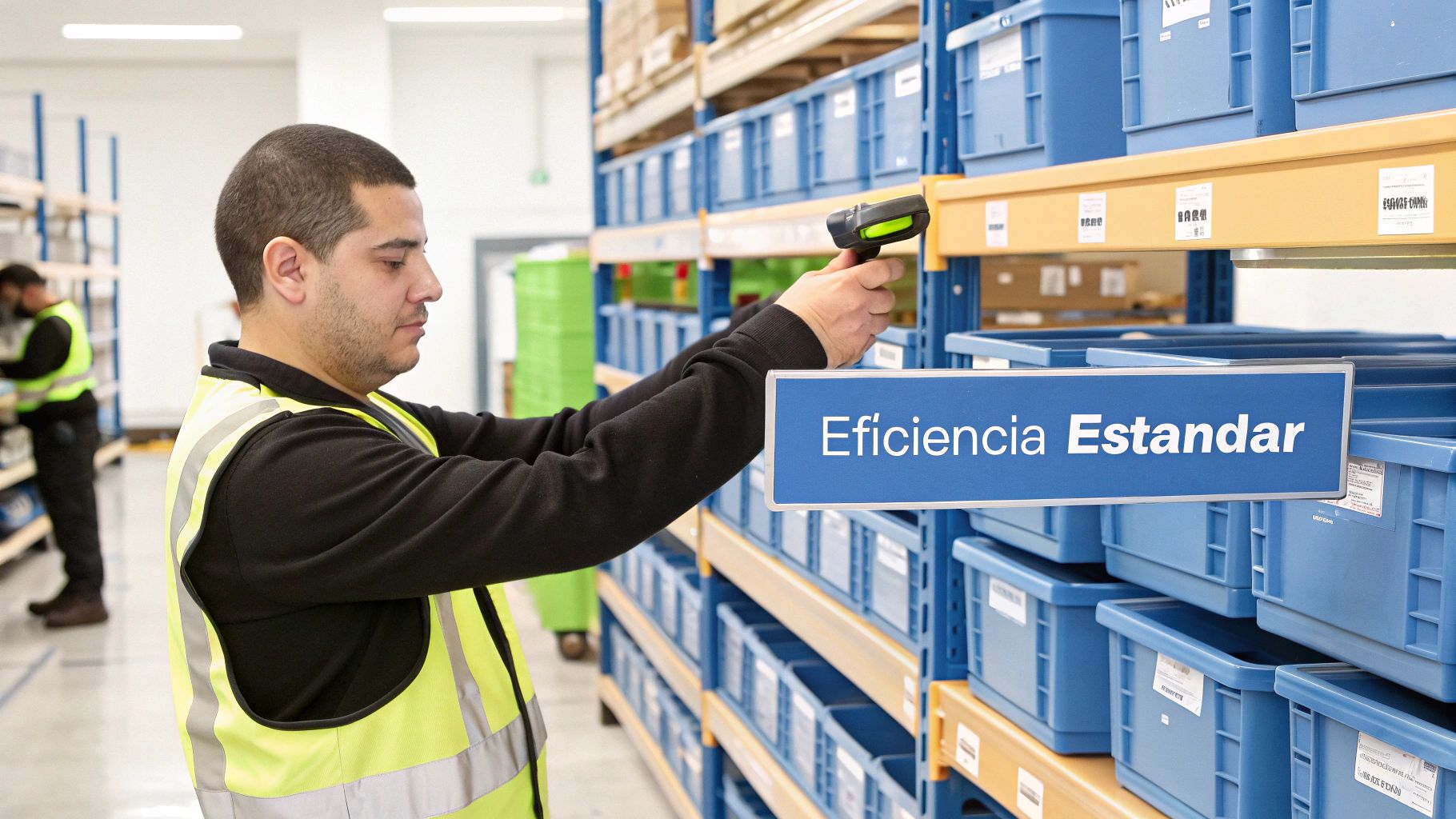 Hombre en almacén escaneando una etiqueta de producto con un lector de código de barras junto a cajas azules. Signo: Eficiencia Estándar.