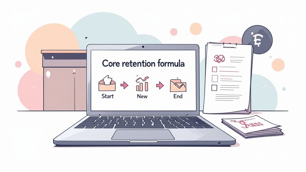A laptop displays 'Core retention formula' with a diagram, next to a checklist and papers.