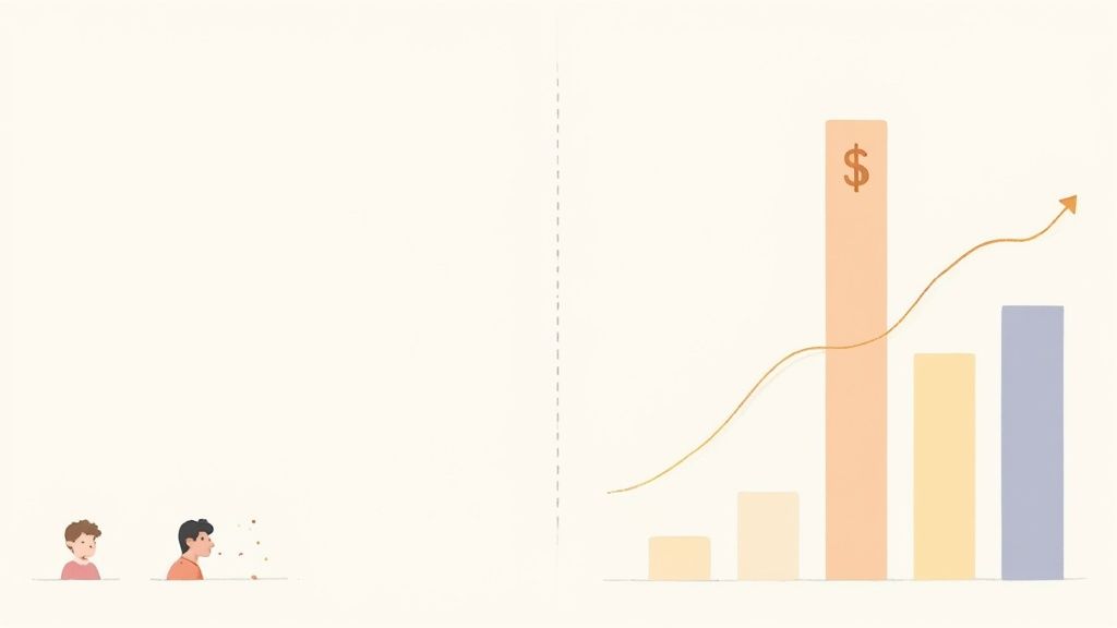An illustration showing two people, one sneezing, contrasted with a financial growth bar chart.