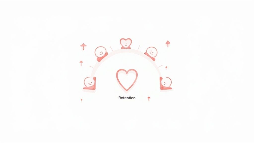 An illustration showing a semi-circular arc with happy cartoon characters and hearts, centered around the word 'Retention', symbolizing customer loyalty.