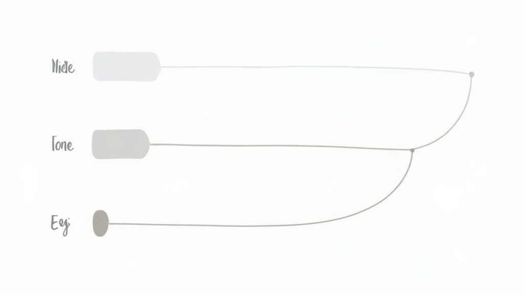 Minimalist diagram showing three horizontal sliders labeled Wide, Tone, and Eqj with connecting lines.