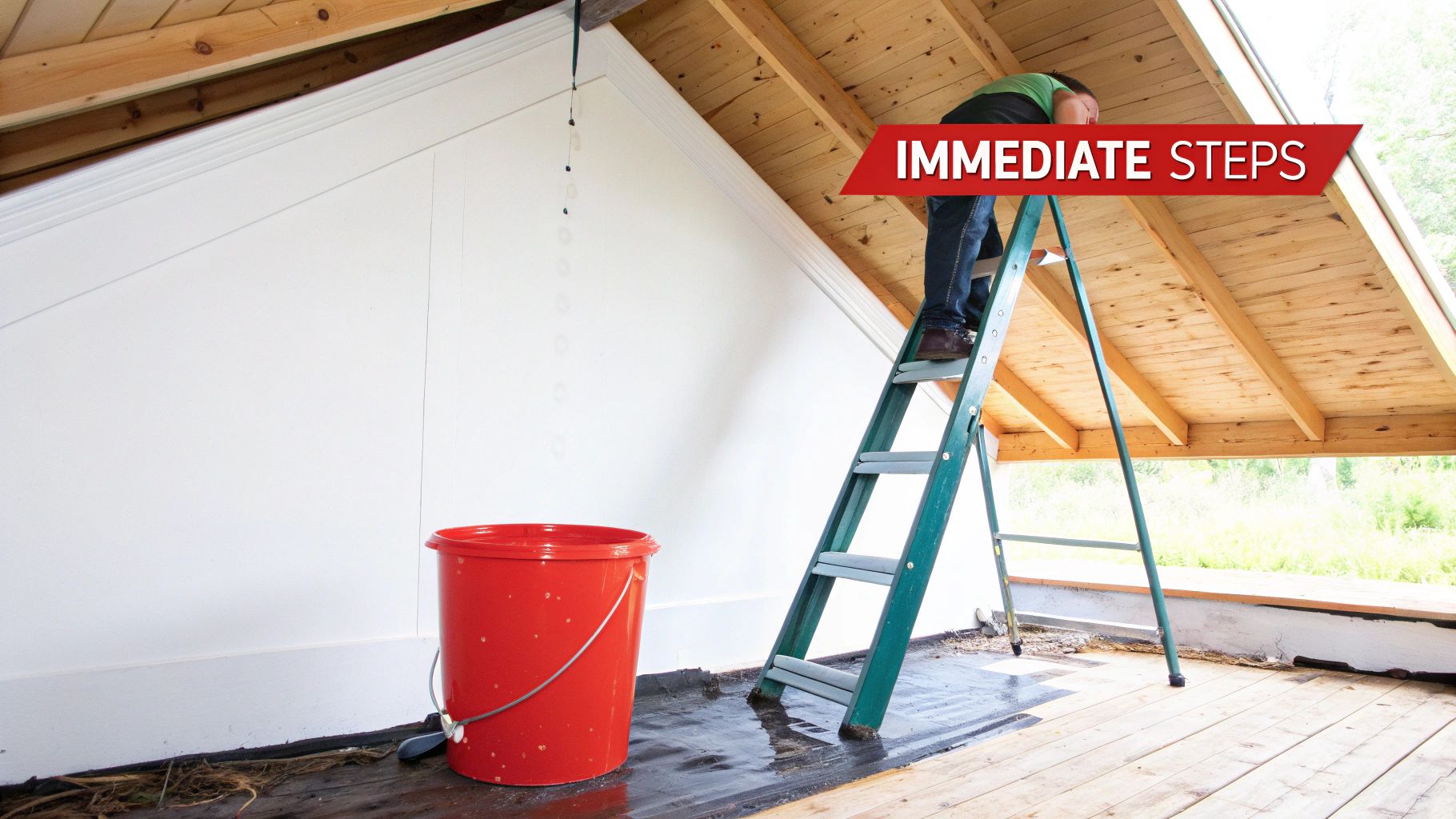 A person inspecting a damaged section of a residential roof, preparing for repair.
