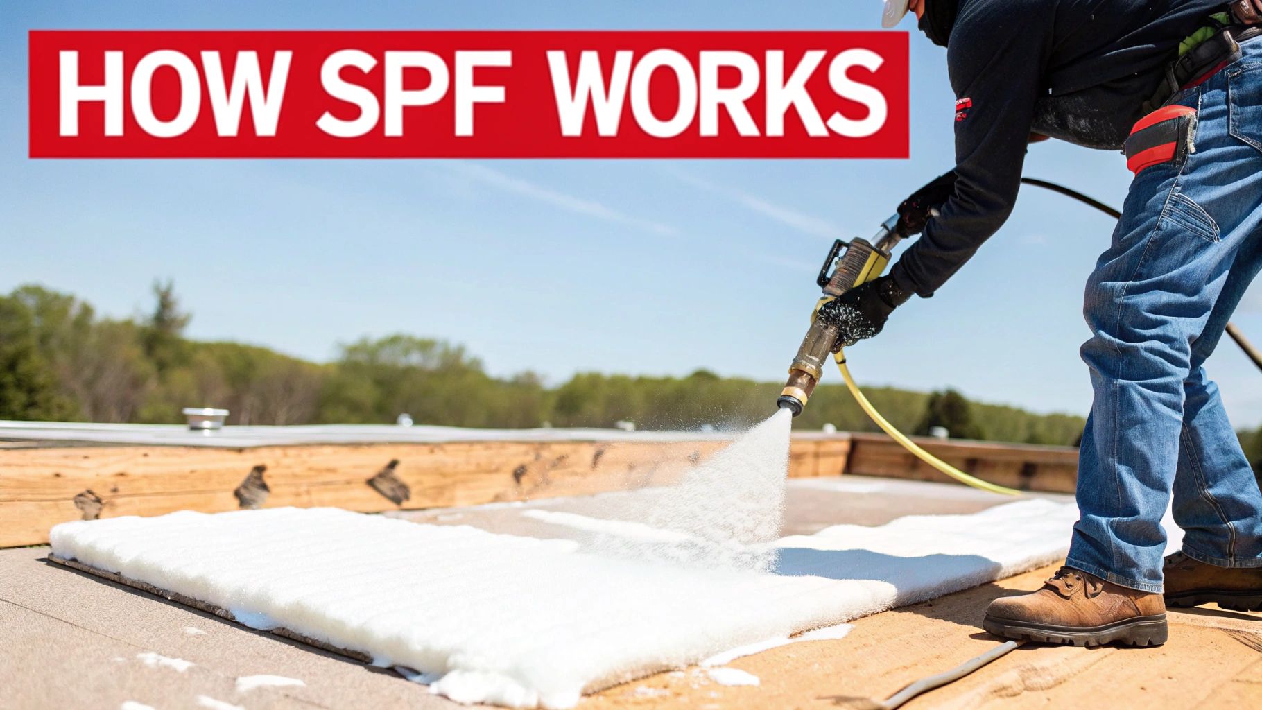 A professional roofer spraying polyurethane foam onto a roof substrate, showing the liquid-to-solid transformation.