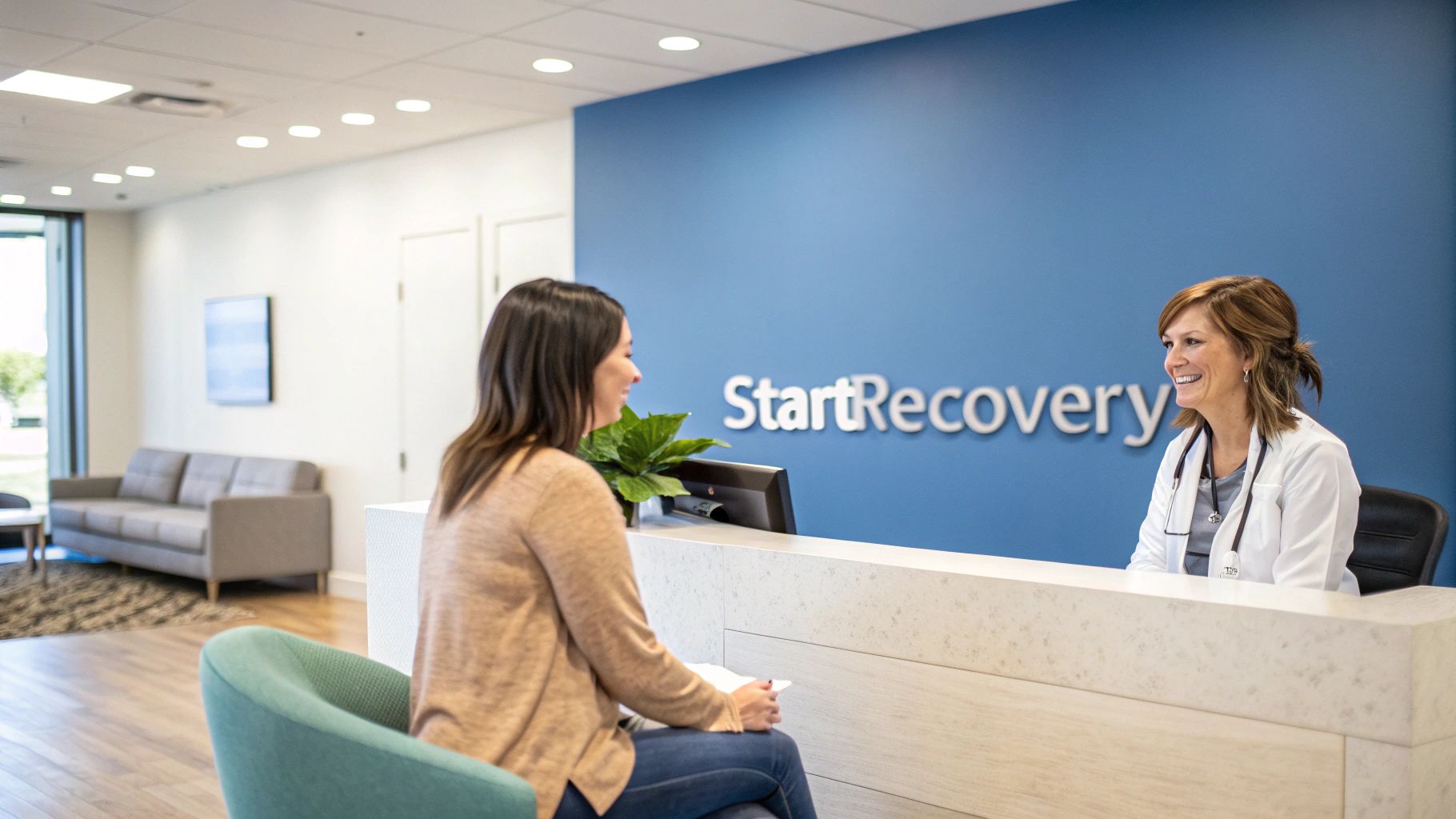 Two women, a patient and a doctor, smiling at a reception desk with "StartRecovery" on the wall.