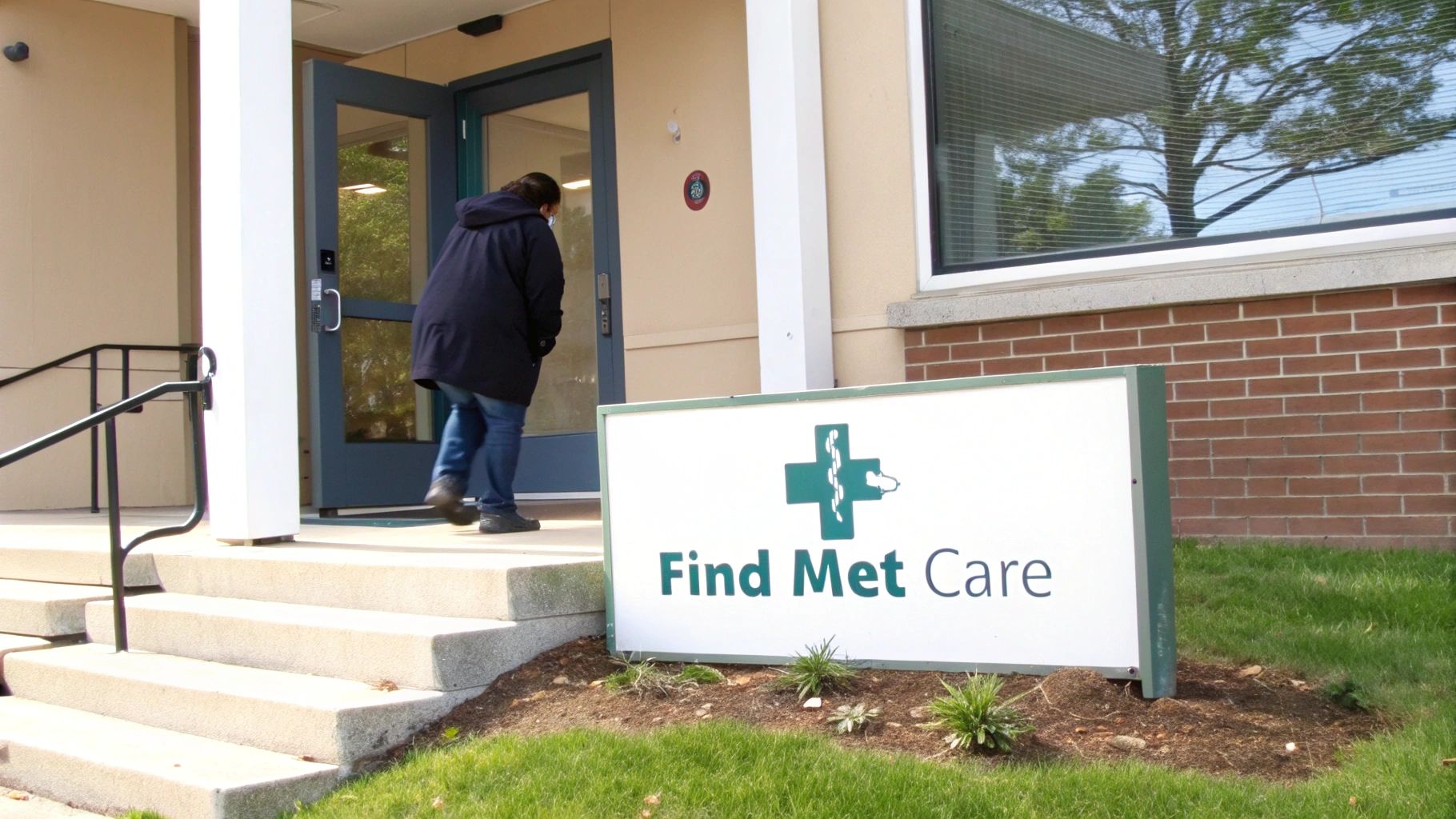 A person in a dark coat enters a medical facility labeled "Find Met Care" with a cross logo.