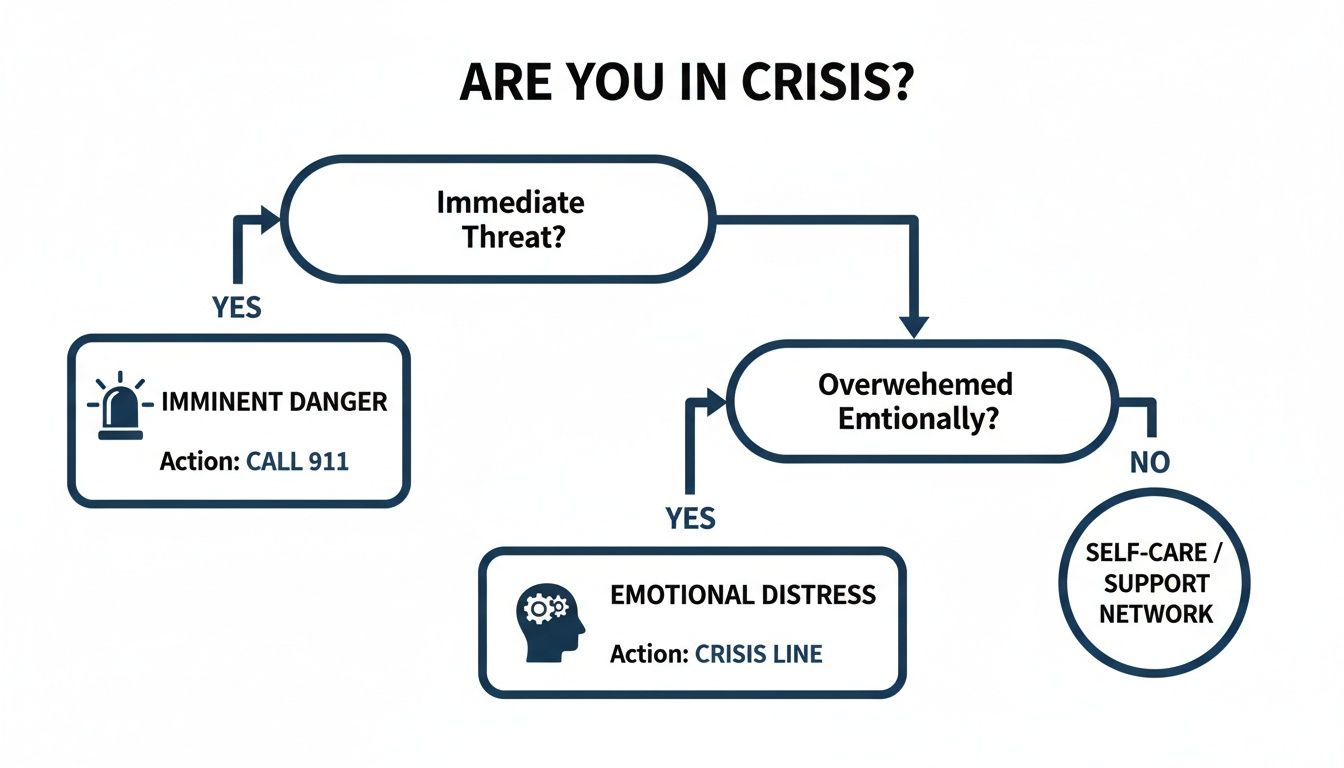 A mental health crisis decision tree flowchart guiding individuals to emergency, crisis line, or support.