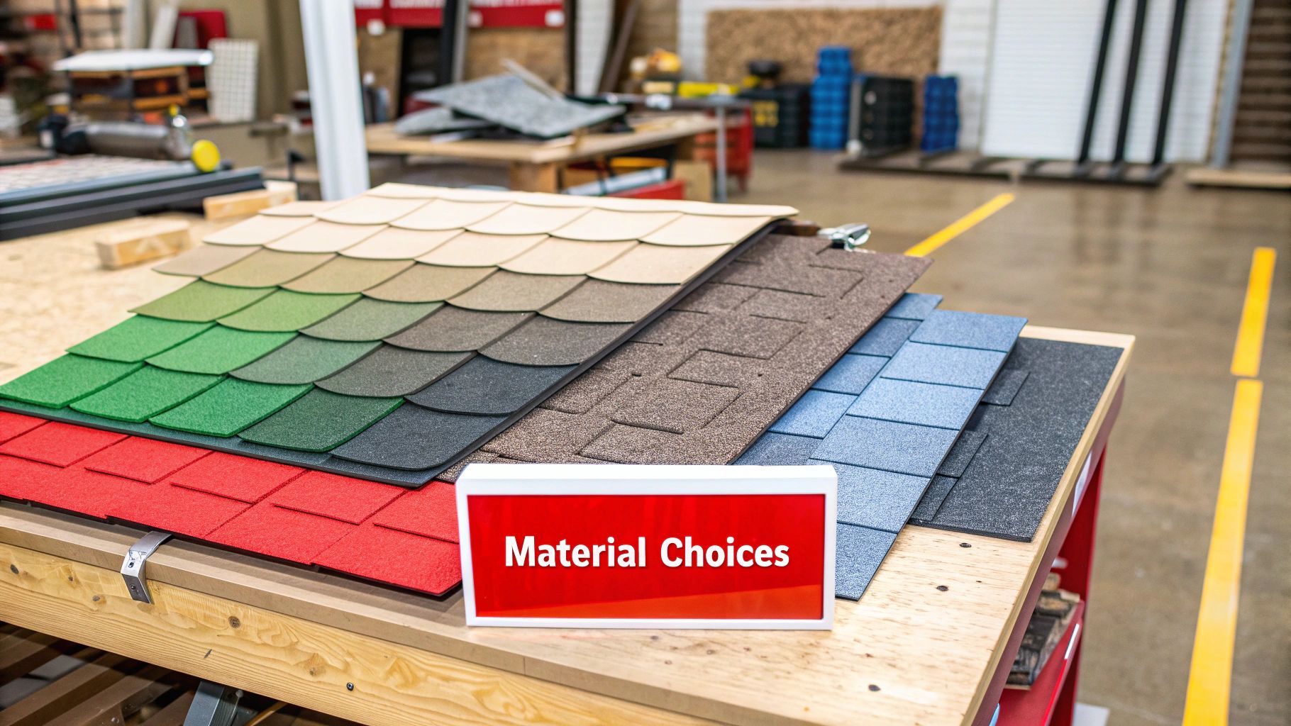 A display showing various types of roofing materials like asphalt shingles, metal panels, and clay tiles.