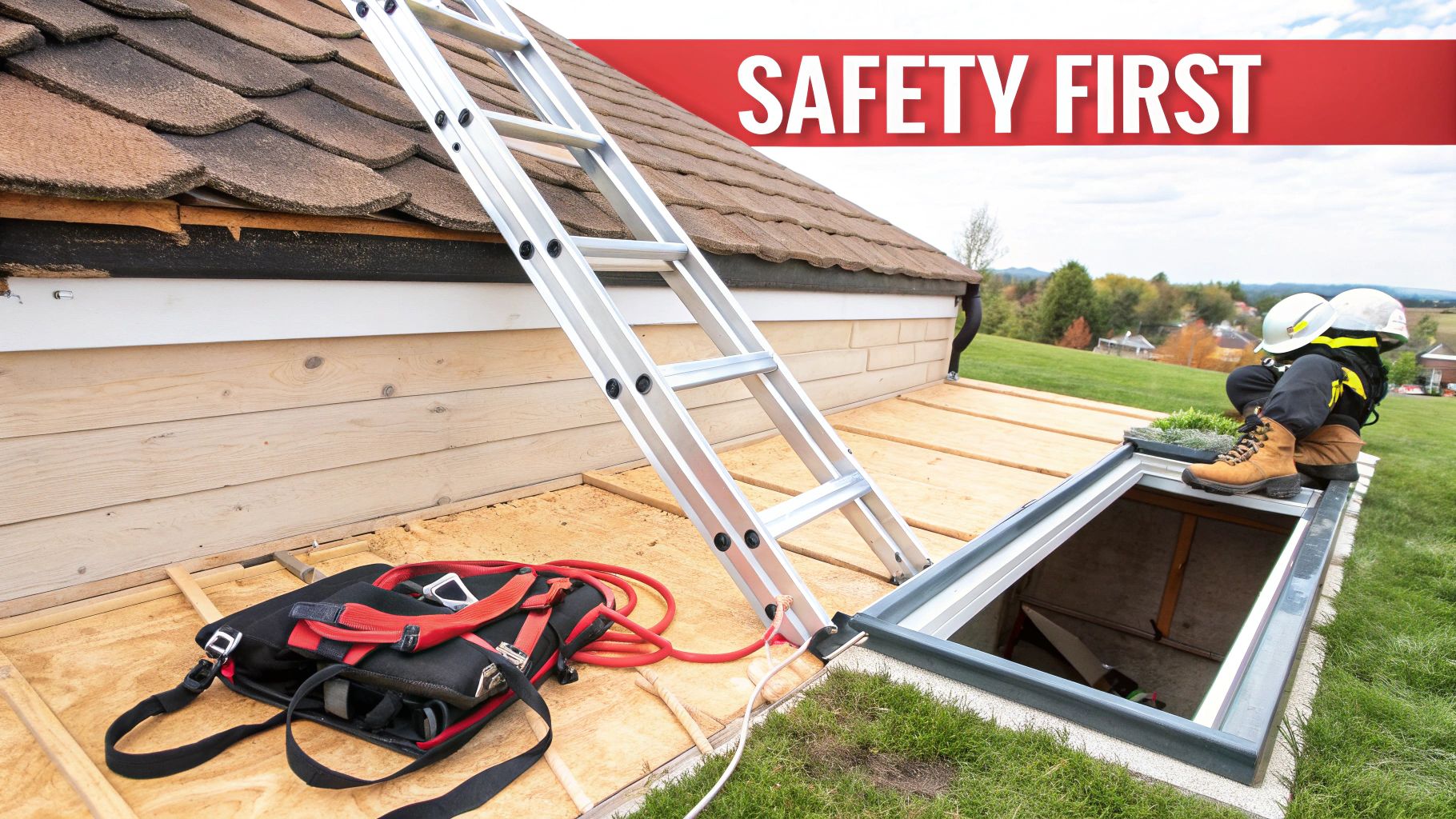 Worker in safety gear on a roof next to a ladder, open hatch, and safety harness.