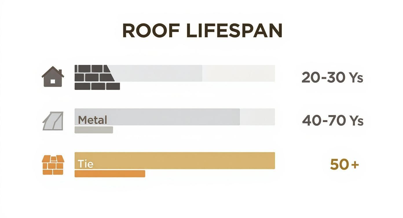 Infographic detailing roof lifespans: Shingles (20-30 Ys), Metal (40-70 Ys), and Tile (50+ Ys).