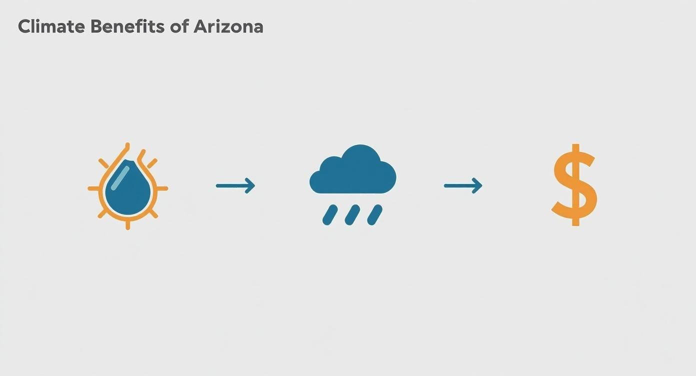 Infographic showing how polyurethane foam roofs handle extreme heat, monsoon rain, and provide energy savings in Arizona.