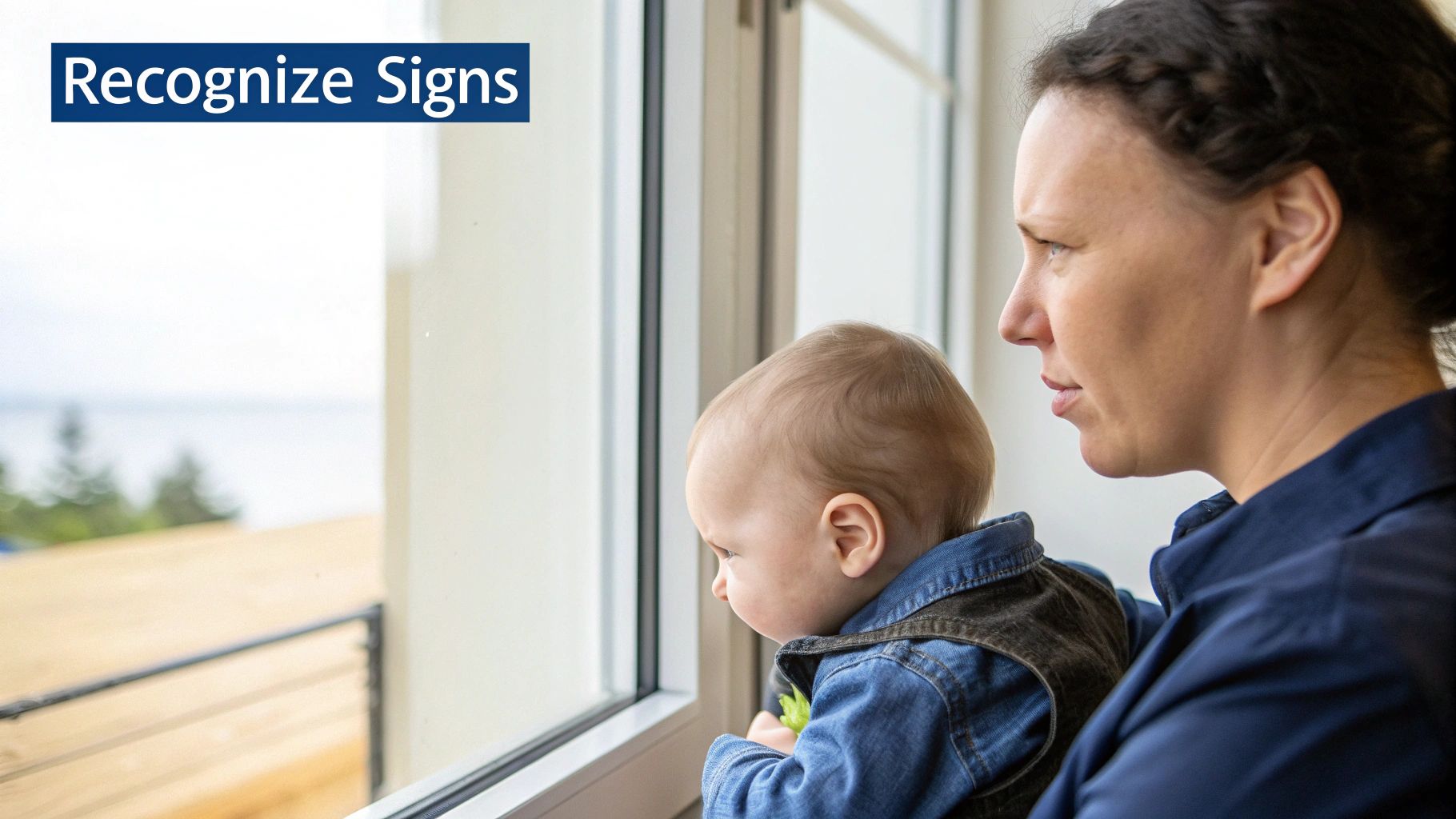 A mother holds her baby, both looking intently out a window at a distant view, with a 'Recognize Signs' banner.