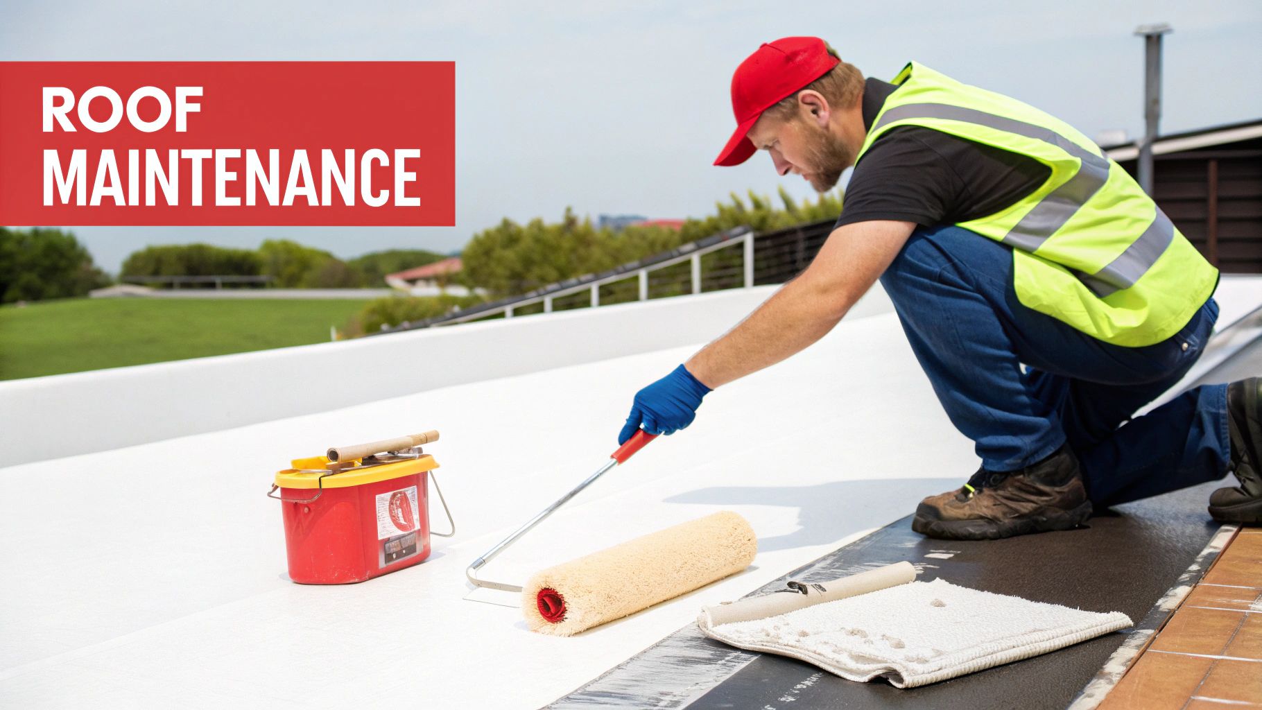 A close-up view of a well-maintained polyurethane foam roof, showing its clean, white, reflective surface.