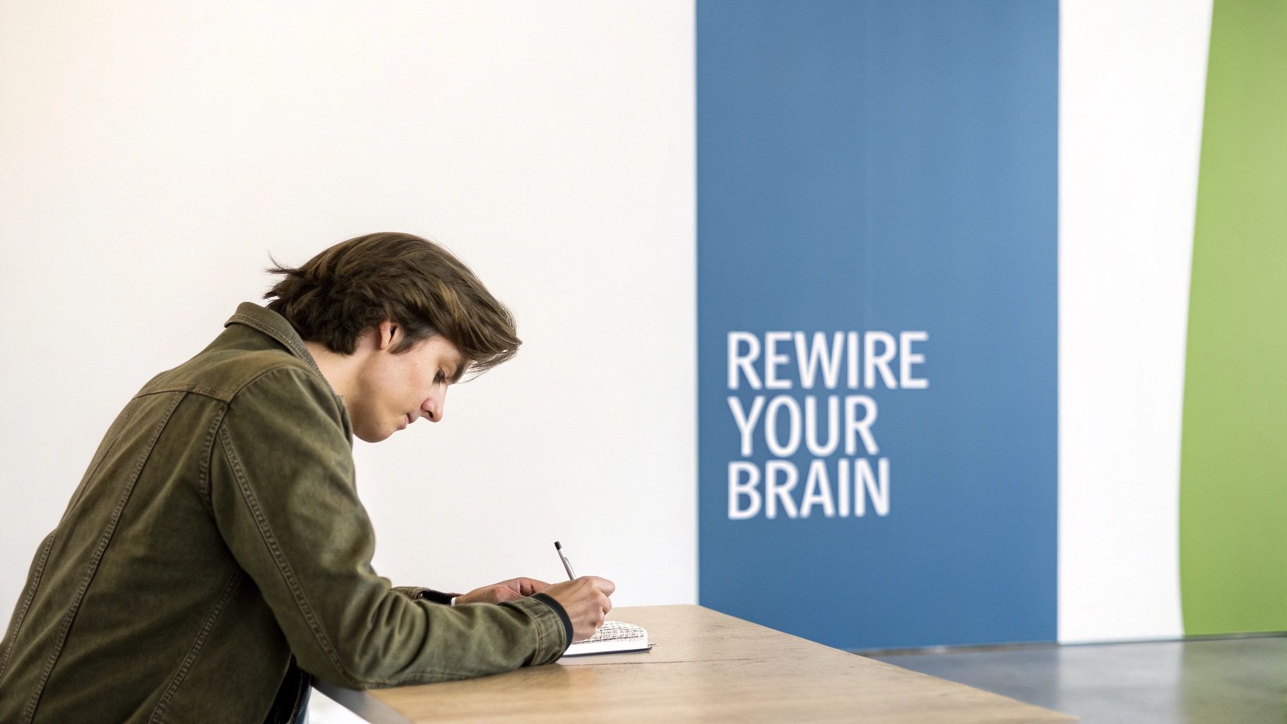A young man in a green jacket writes in a notebook at a table, with 'REWIRE YOUR BRAIN' on a wall.
