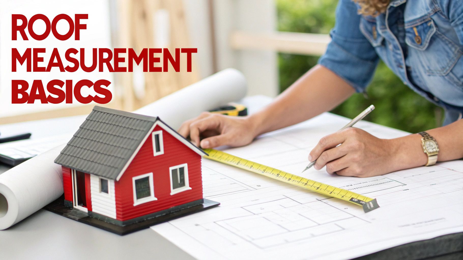 A person measures blueprints with a tape measure next to a model house, illustrating roof measurement basics.