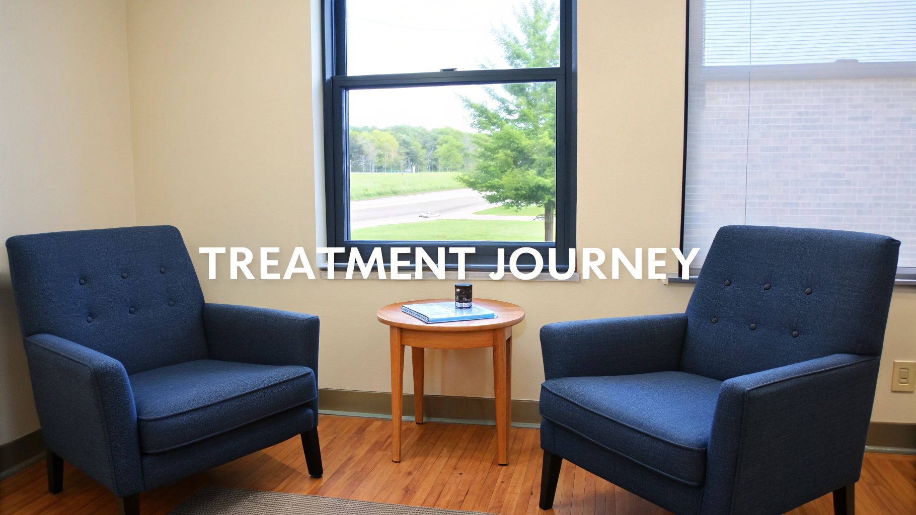 A comfortable therapy room with two blue armchairs, a wooden table, and a window, symbolizing a treatment journey.