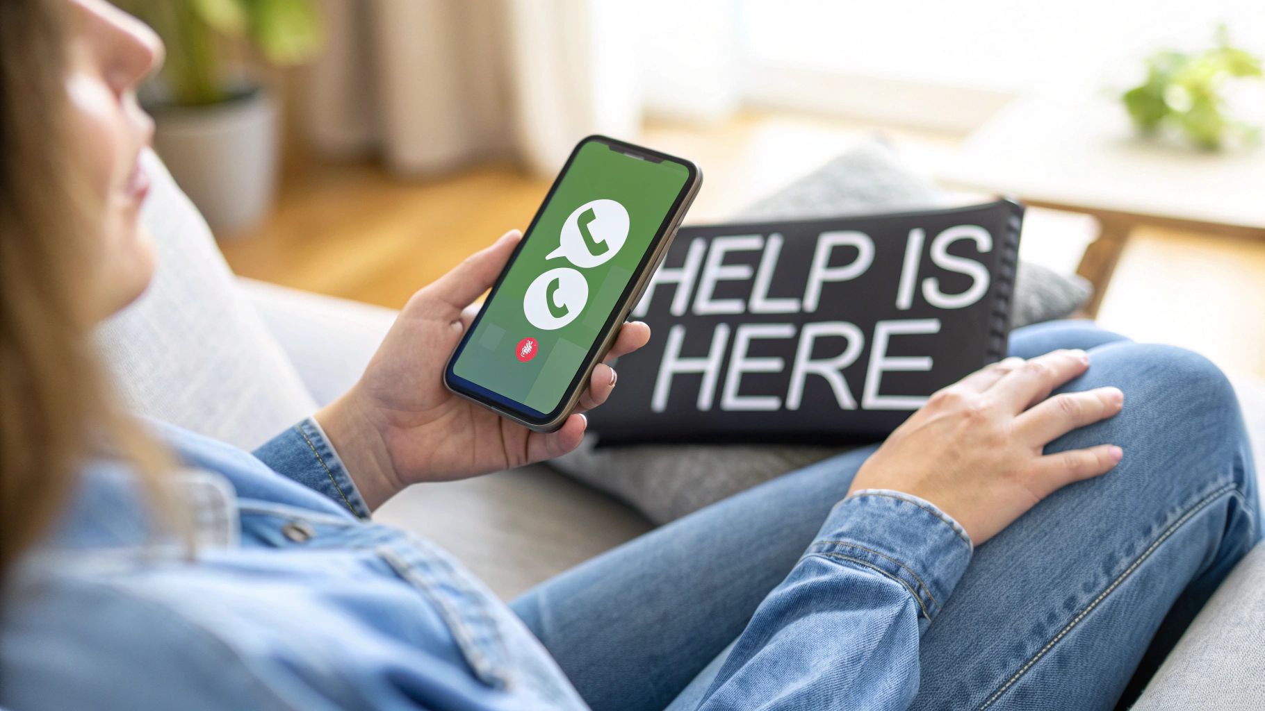 A person on a couch holds a smartphone displaying support call icons, next to a 'HELP IS HERE' sign.