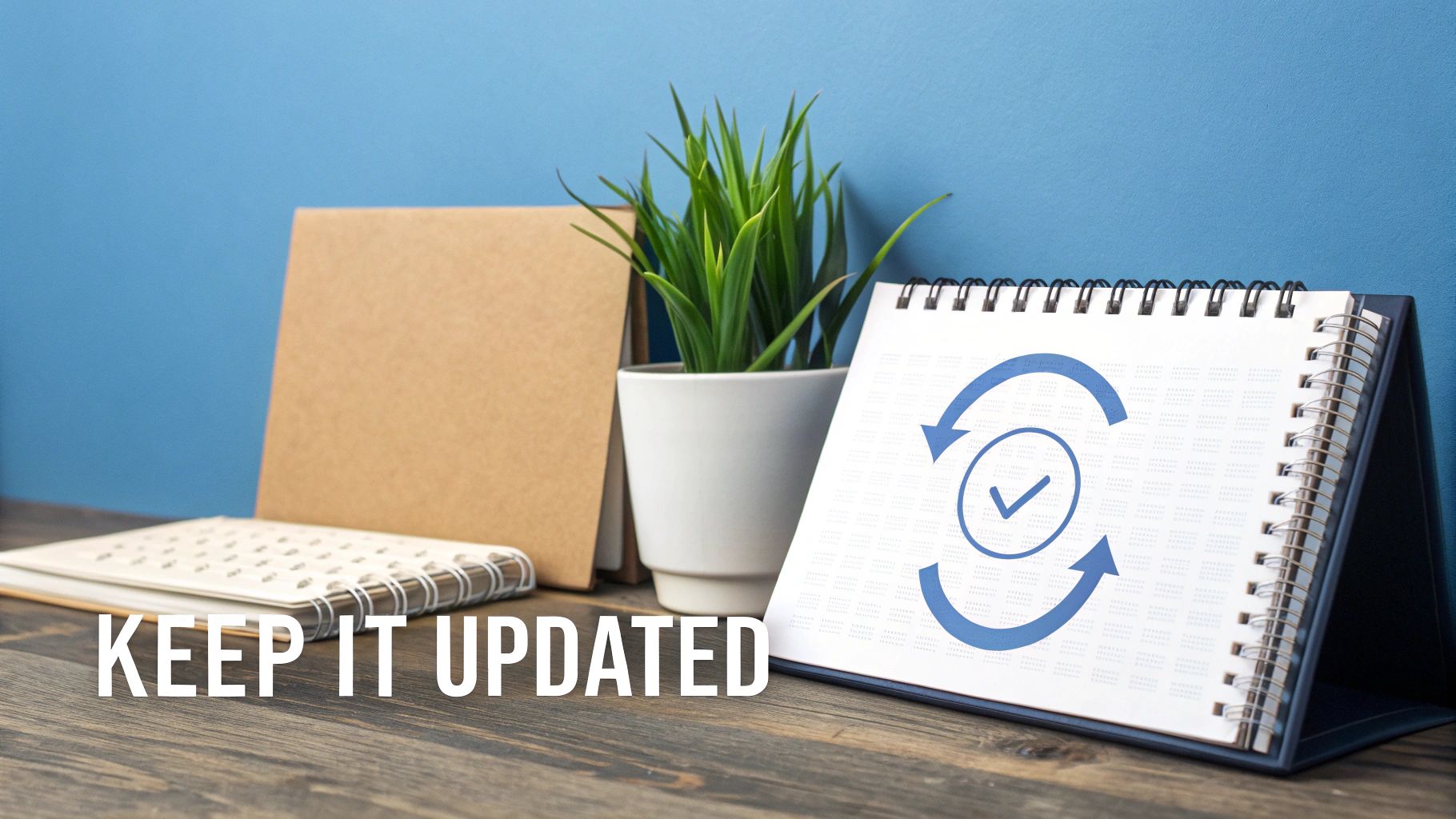 Office desk with a plant, notebooks, and a calendar showing a refresh icon and 'KEEP IT UPDATED' message.