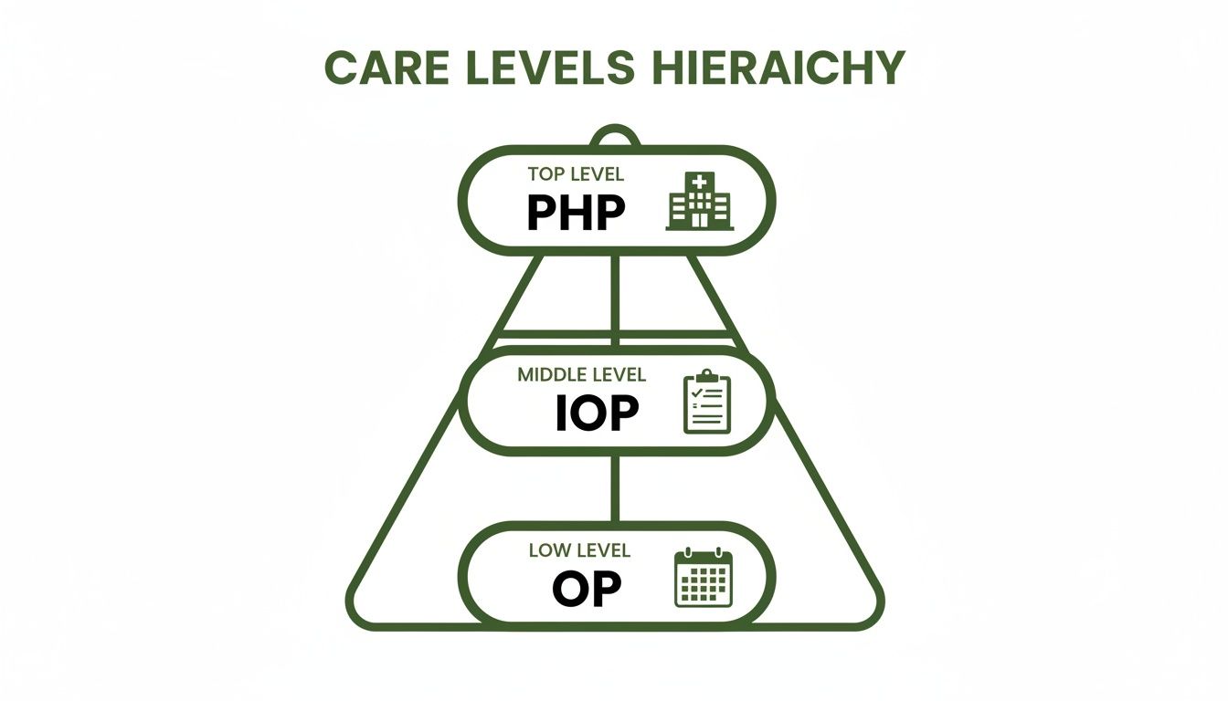 Care levels hierarchy infographic showing PHP, IOP, and OP programs in a tiered structure.