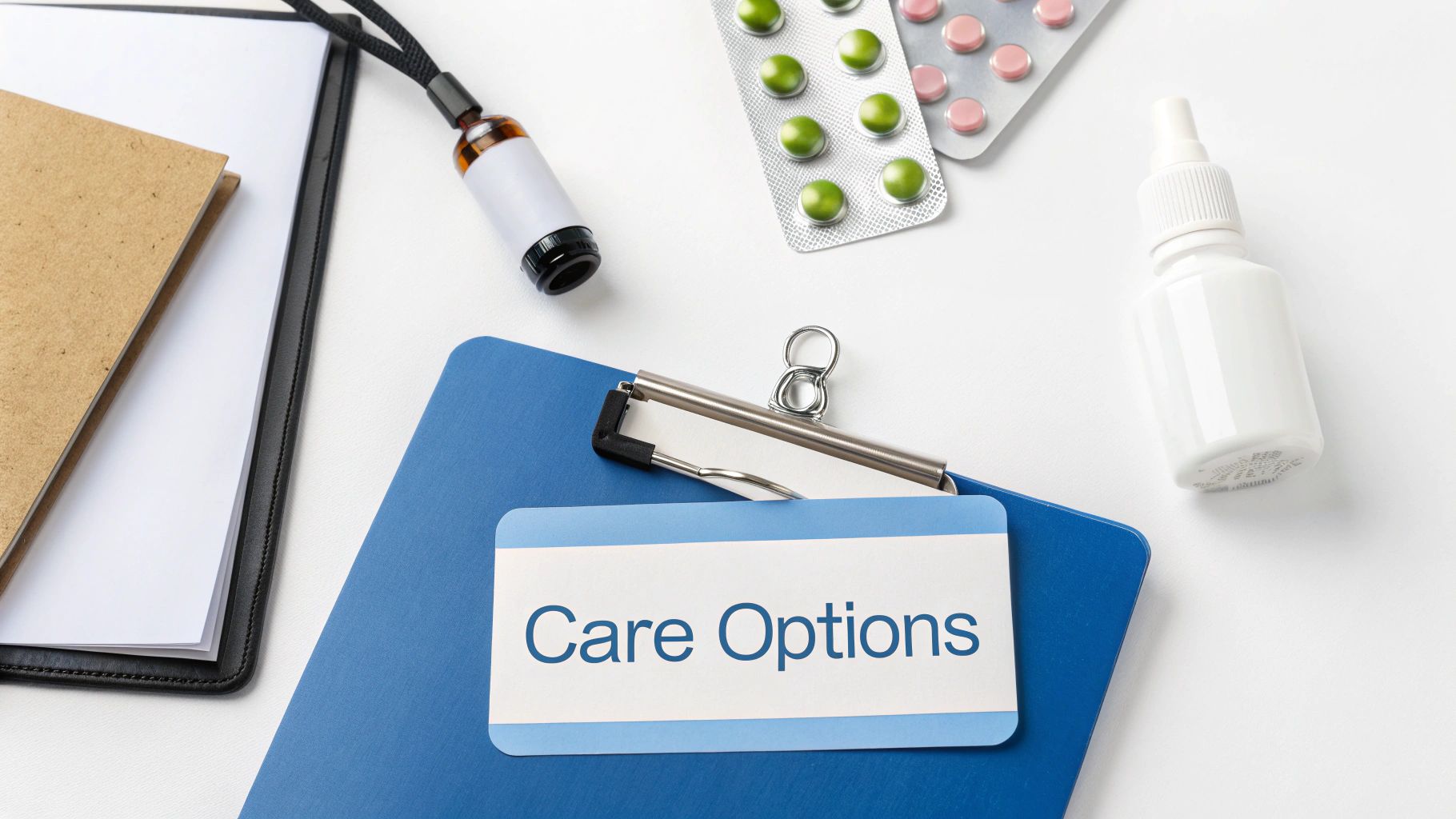 A top-down view of medical supplies, including pills, bottles, and a clipboard with 'Care Options' text.
