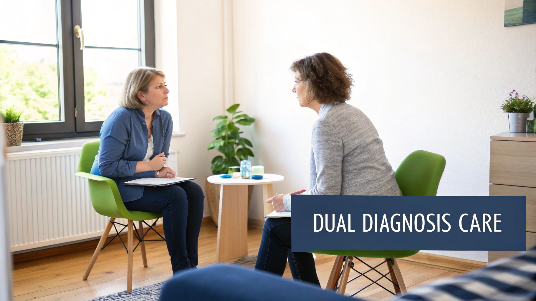 A person sitting on a dock looking out at a calm lake, representing reflection and recovery.