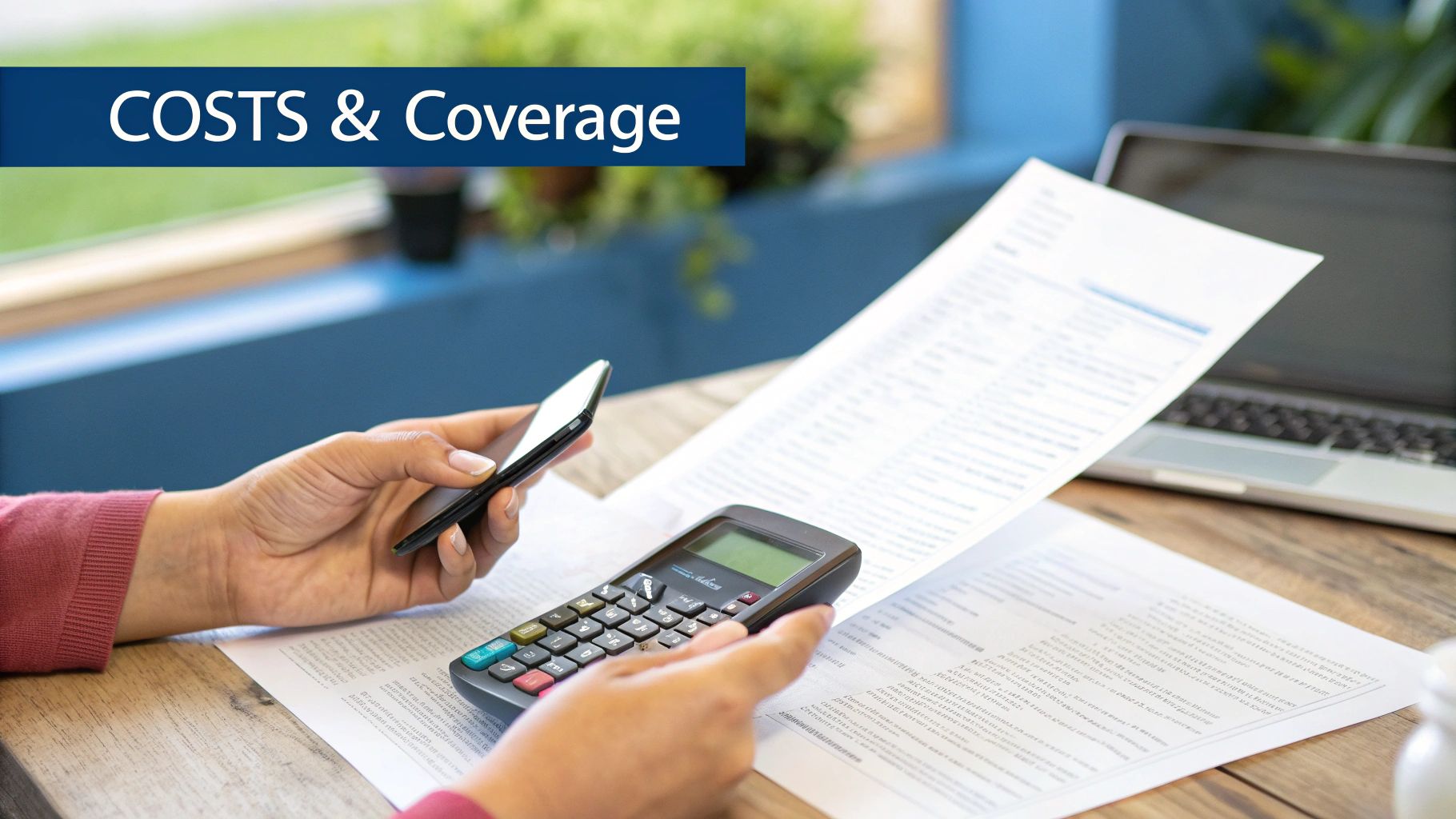 A person reviewing a medical bill with a calculator, symbolizing the process of navigating rehab costs and insurance.