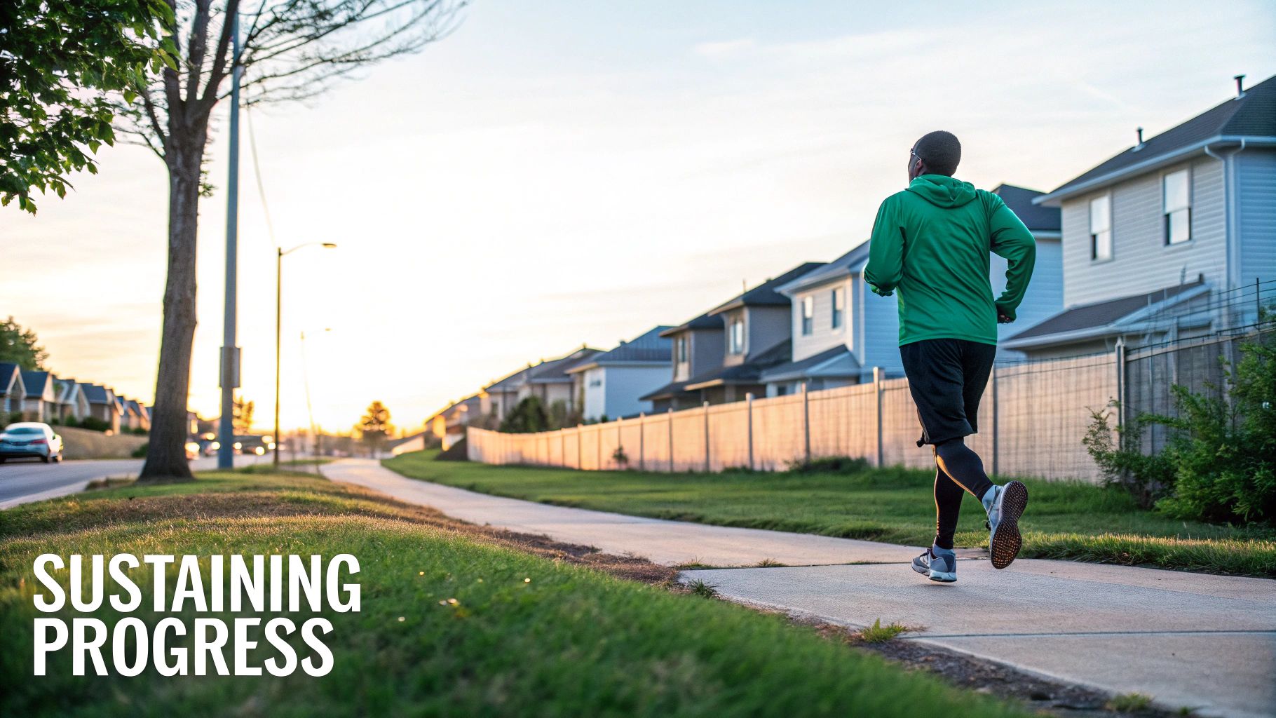 Man in green jacket jogging through suburban neighborhood at sunset sustaining fitness progress