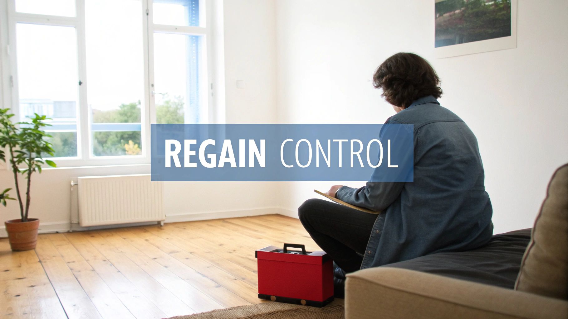 A person sits on a couch, looking out a window, with 'REGAIN CONTROL' text overlay.
