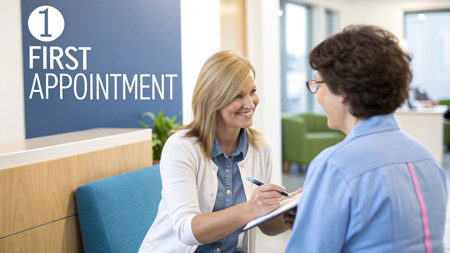 A friendly receptionist assists a patient with paperwork during their first appointment at a modern clinic.