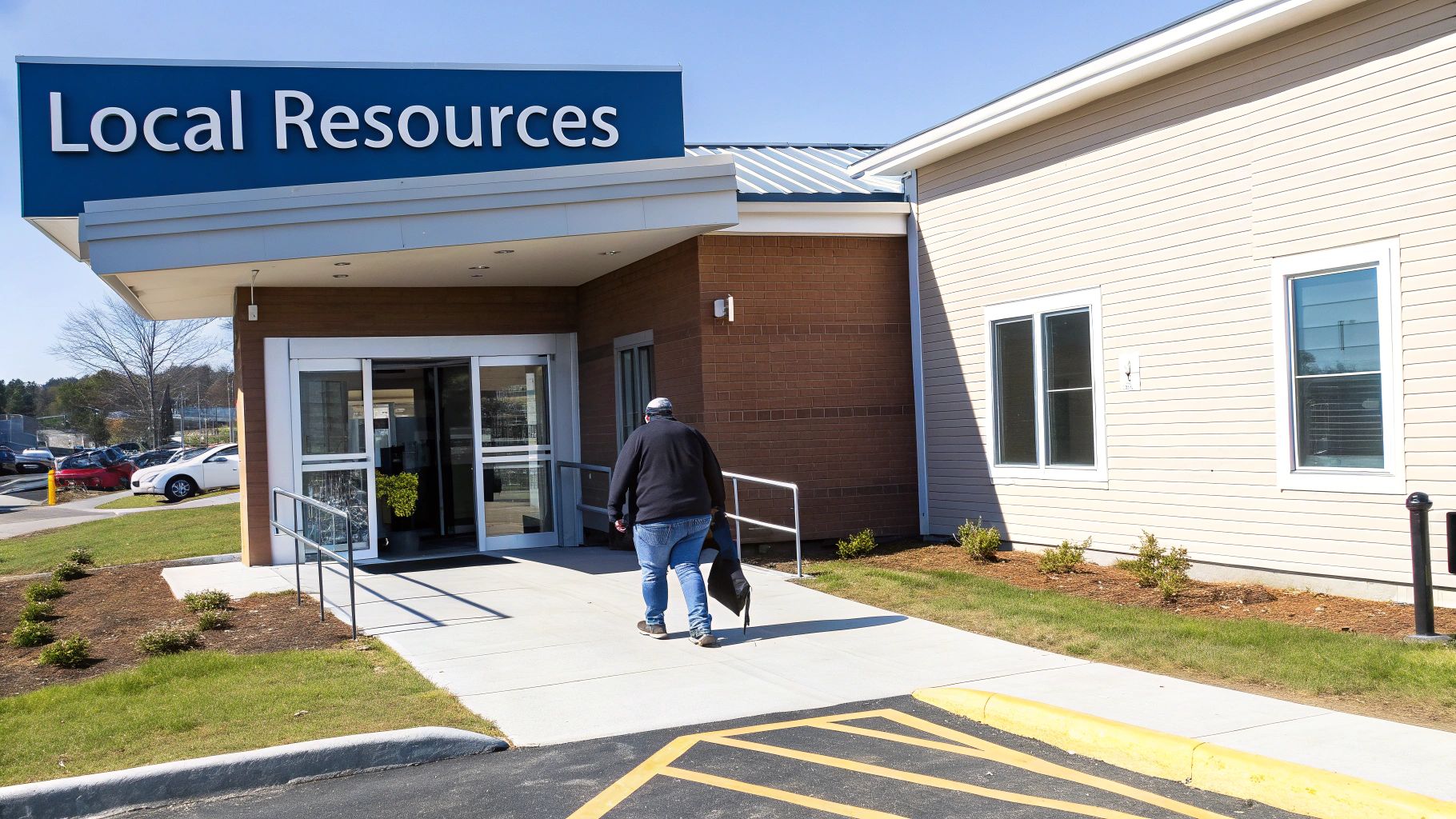 A person walks towards a building entrance with a 'Local Resources' sign under a clear sky.