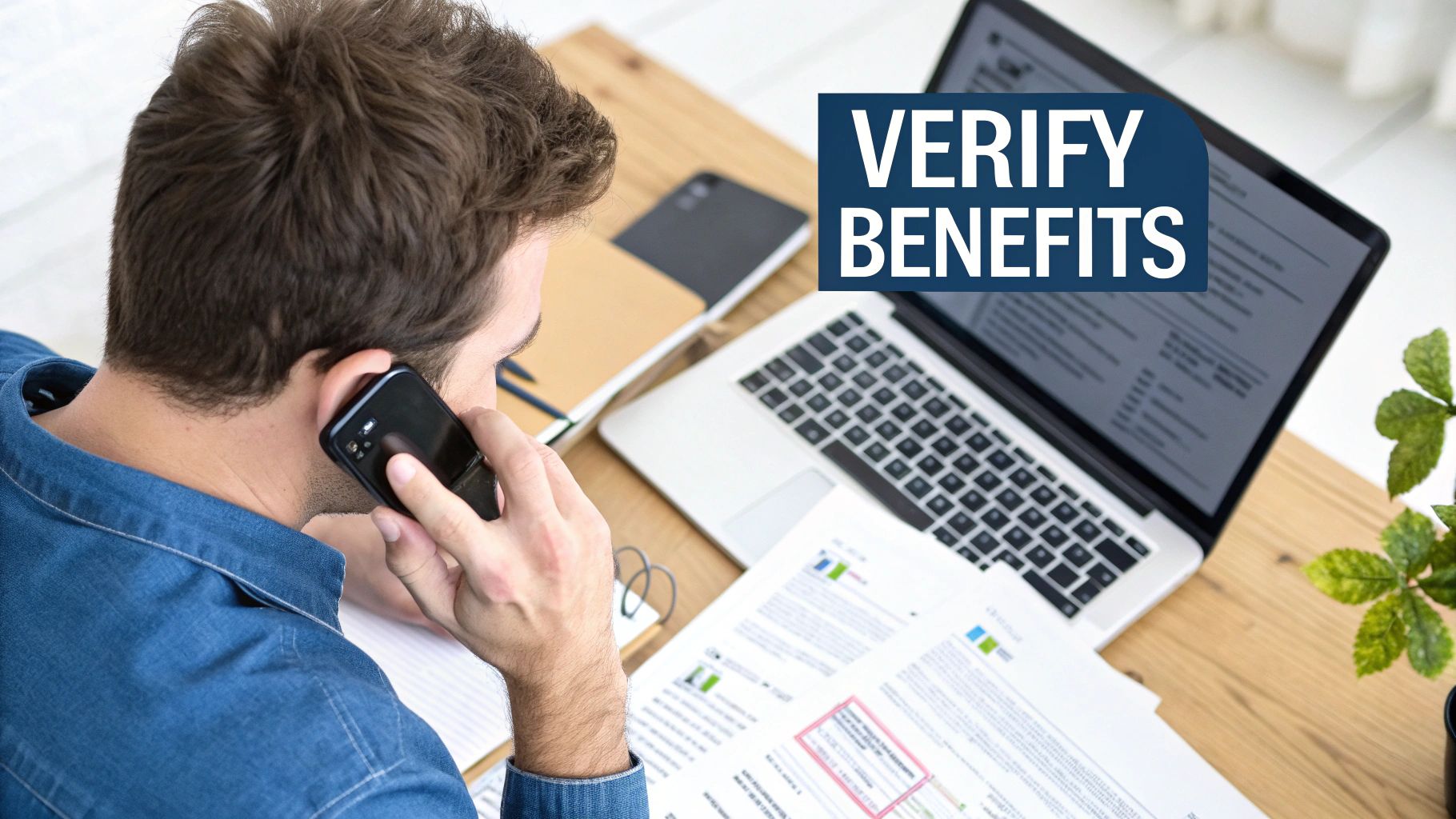 A man on a phone call at a desk with a laptop and documents, verifying benefits.
