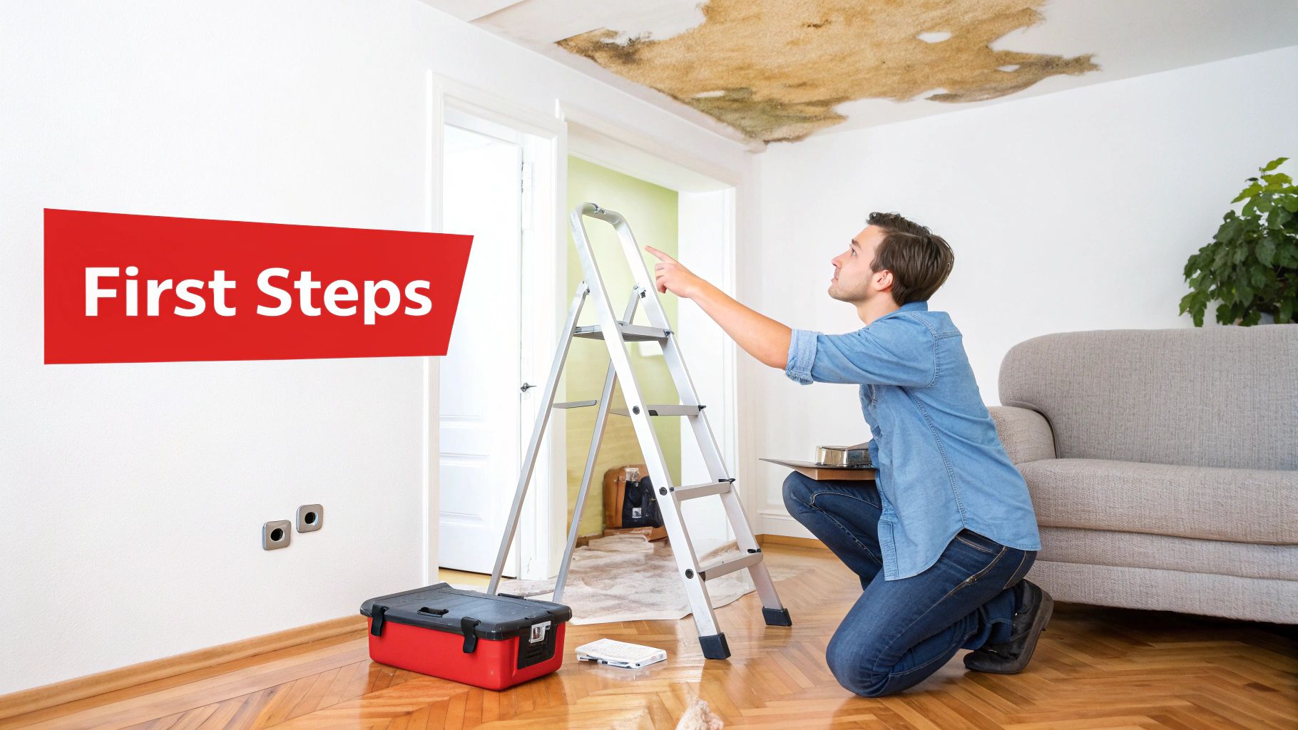 A homeowner inspecting a water stain on their ceiling from a roof leak.
