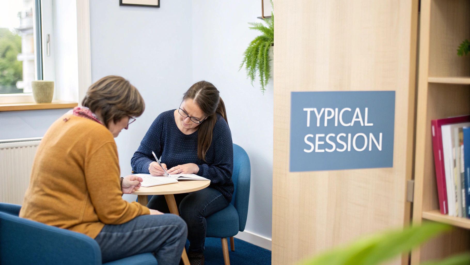 A female therapist with glasses listens intently while her client, a woman in a casual sweater, speaks and takes notes in a bright, professional office.