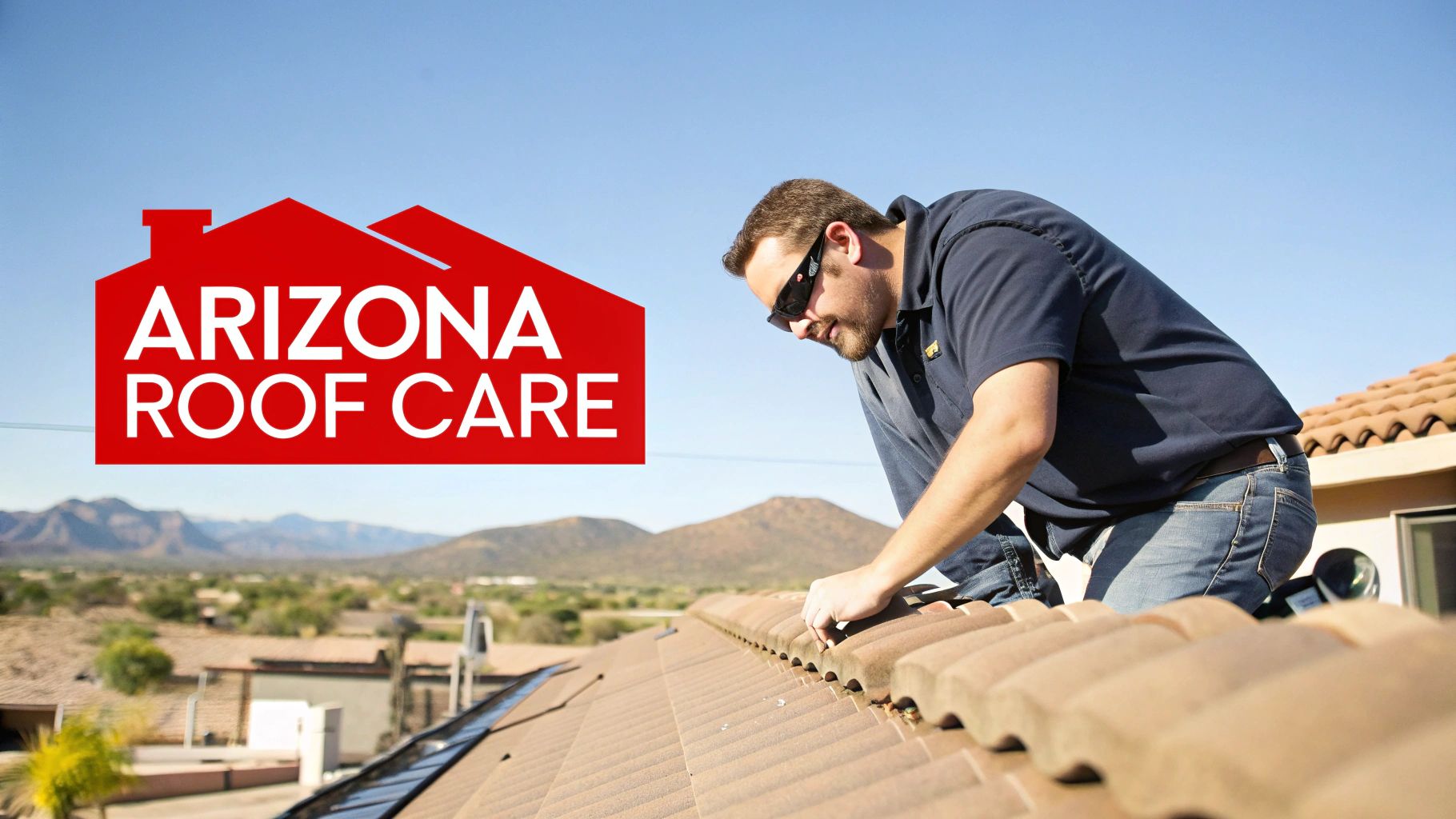 A roofer in sunglasses inspecting the brown tiles of a roof under a clear Arizona sky.