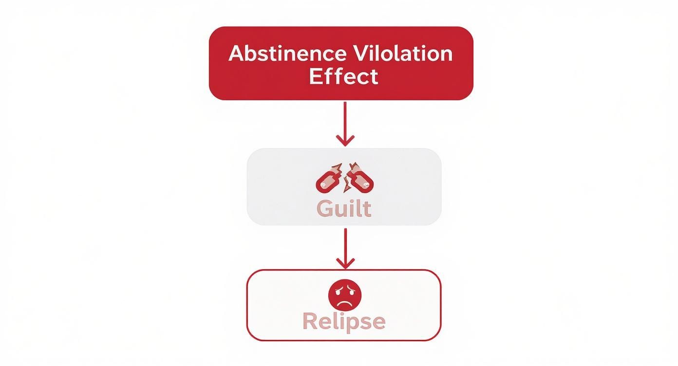 Flow chart showing abstinence violation effect progressing from guilt to relapse with broken chains and sad face icons